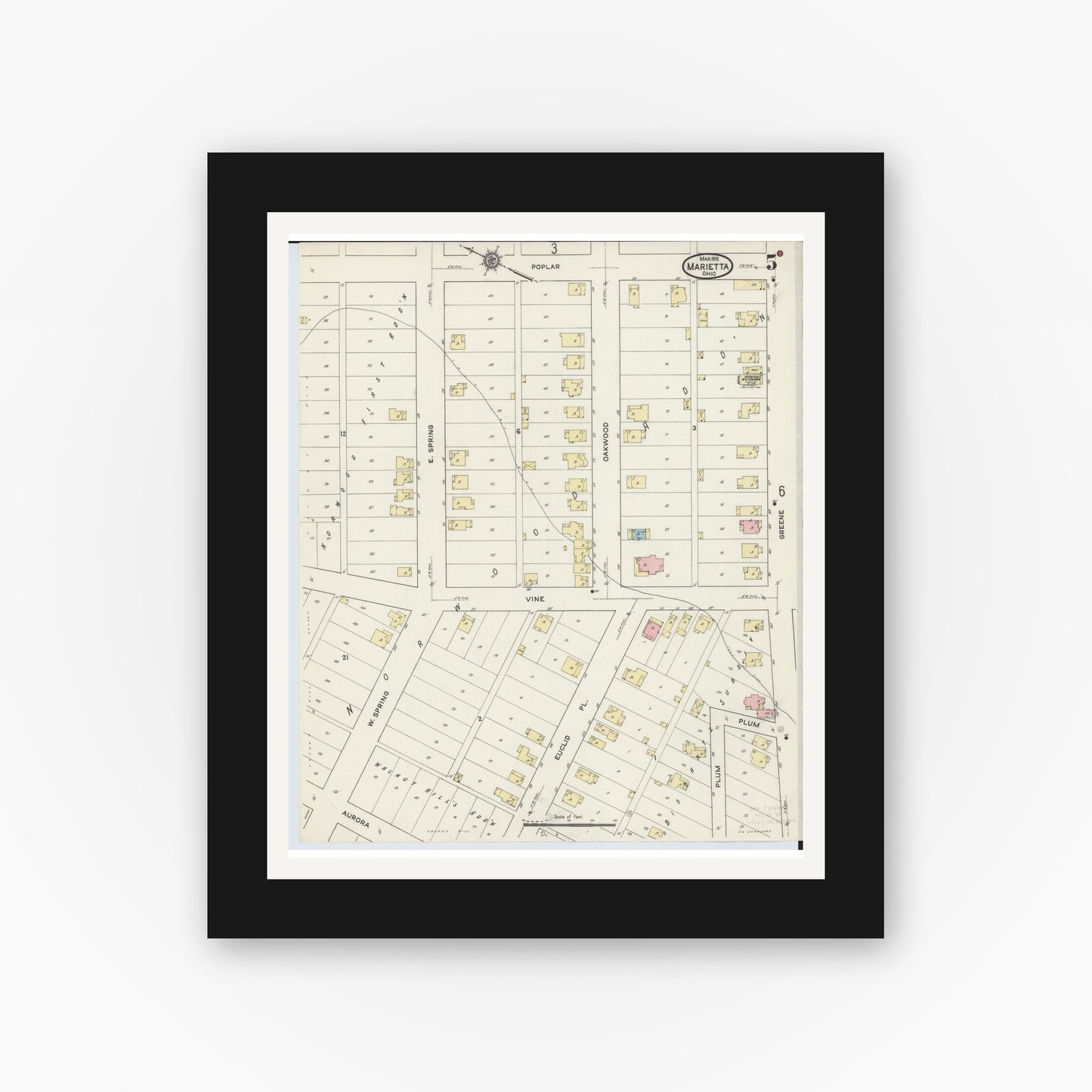 Old map wall art mockup — black gallery frame with white mat — Sanborn Fire Insurance Map from Marietta, Washington County, Ohio (1915), Sheet #0005