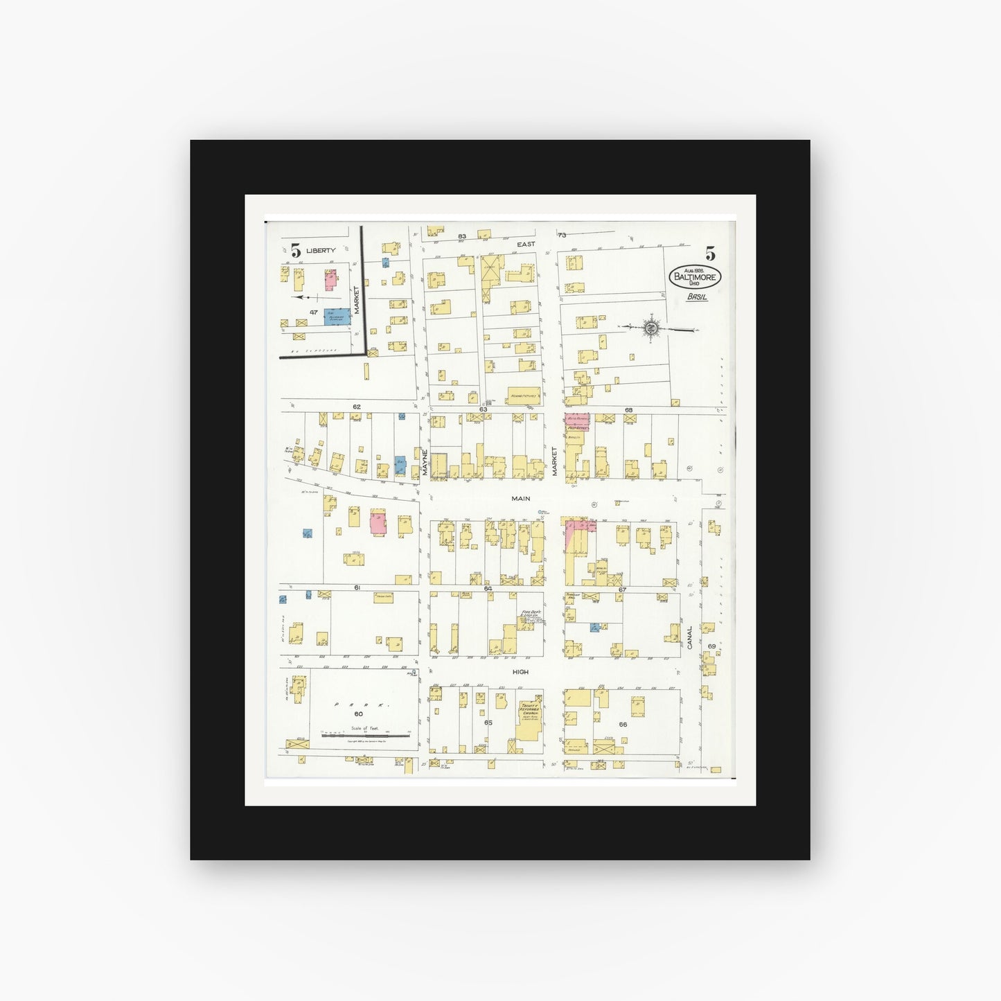 Old map wall art mockup — black gallery frame with white mat — Sanborn Fire Insurance Map from Baltimore, Fairfield County, Ohio (1926), Sheet #0005