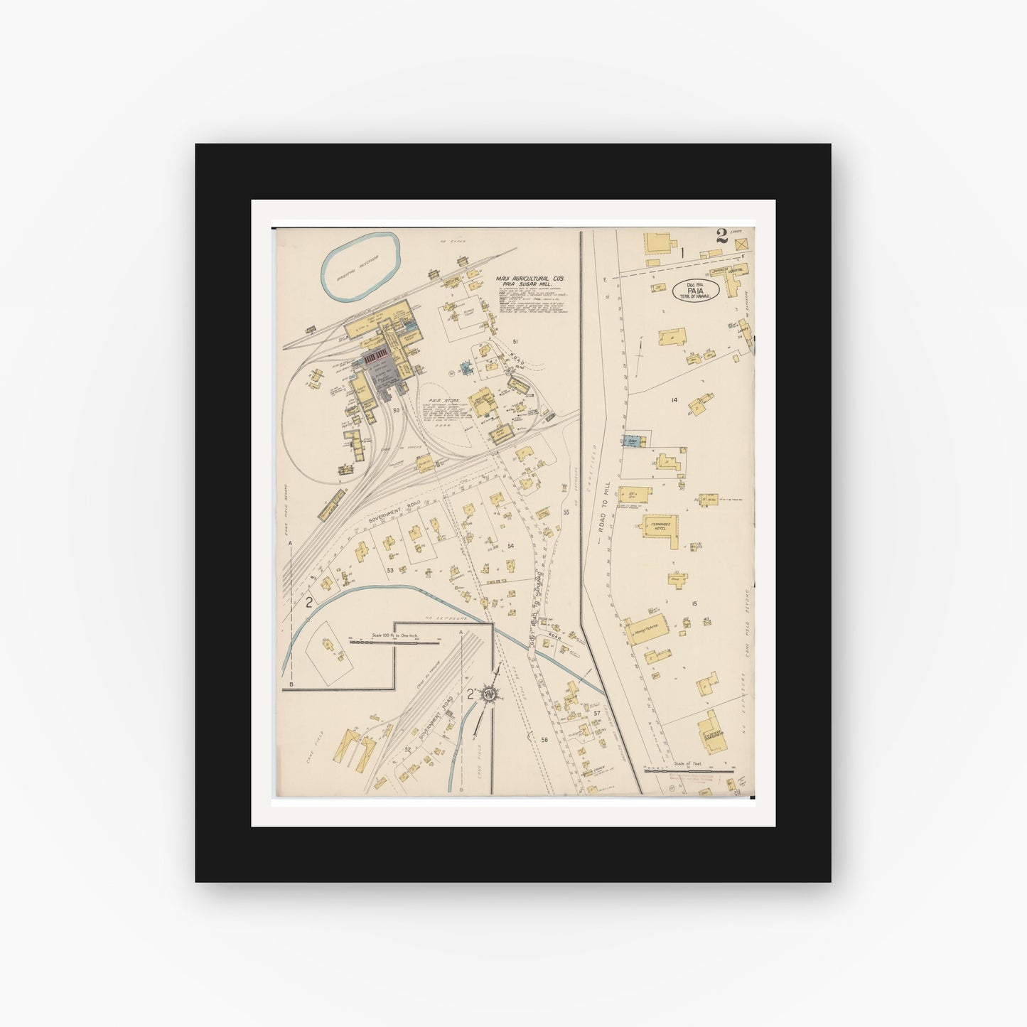 Old map wall art mockup β black gallery frame with white mat β Sanborn Fire Insurance Map from Paia, Maui County, Hawaii (1914), Sheet #0002