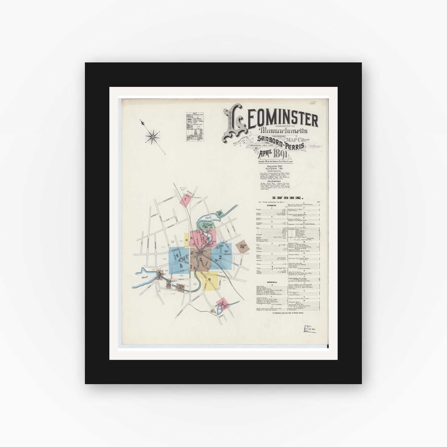 Old map wall art mockup — black gallery frame with white mat — Sanborn Fire Insurance Map from Leominster, Worcester County, Massachusetts (1891) - Complete Map Set