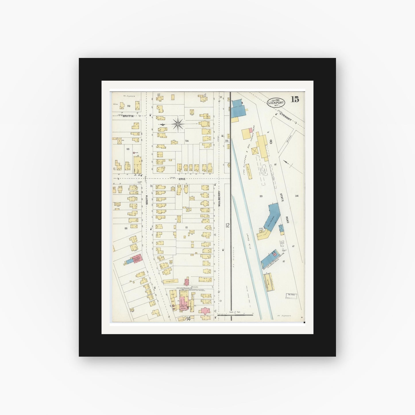 Old map wall art mockup — black gallery frame with white mat — Sanborn Fire Insurance Map from Lockport, Niagara County, New York (1903), Sheet #0015