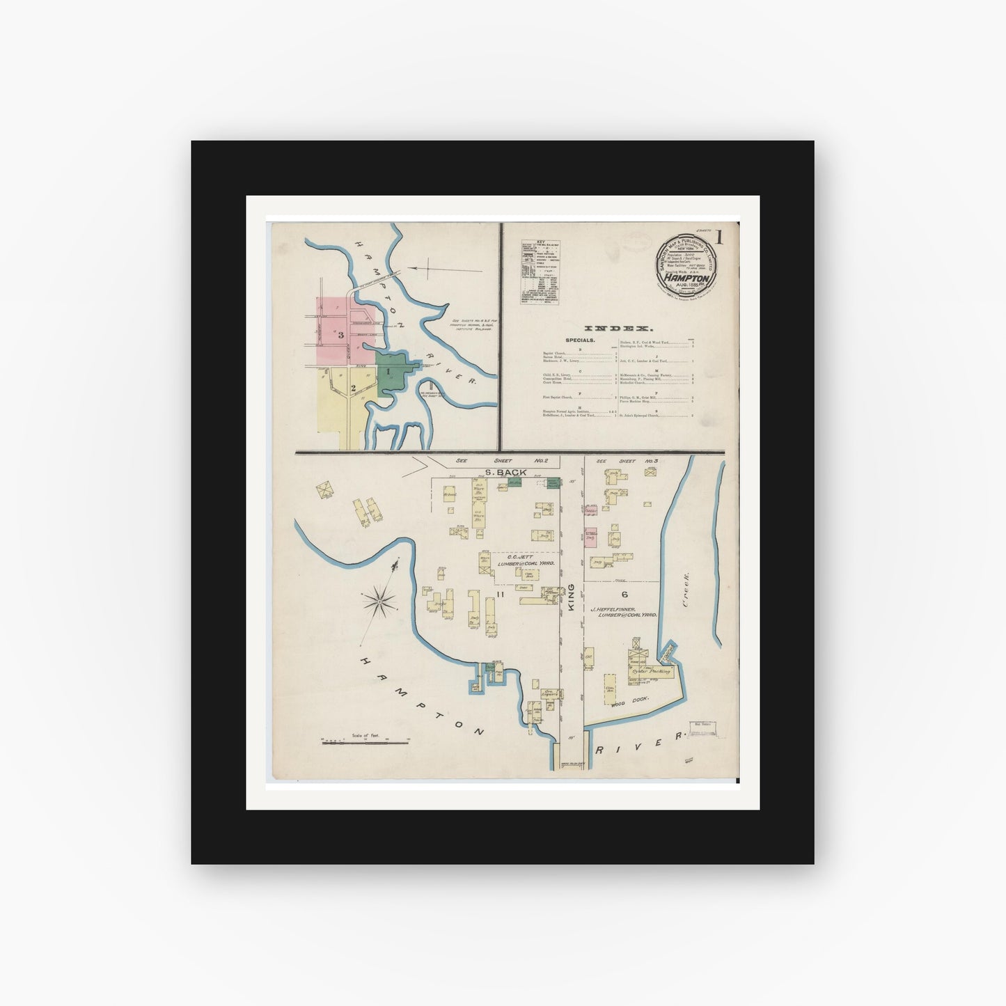 Old map wall art mockup — black gallery frame with white mat — Sanborn Fire Insurance Map from Hampton, Independent Cities, Virginia (1885), Sheet #0001
