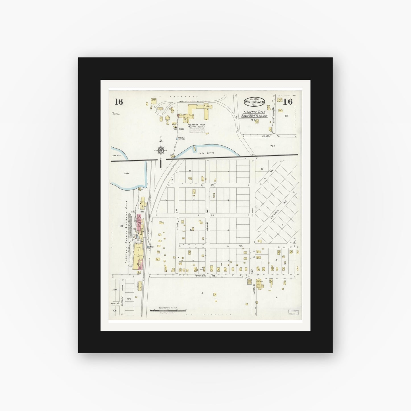 Old map wall art mockup — black gallery frame with white mat — Sanborn Fire Insurance Map from Winter Haven, Polk County, Florida (1924), Sheet #0016