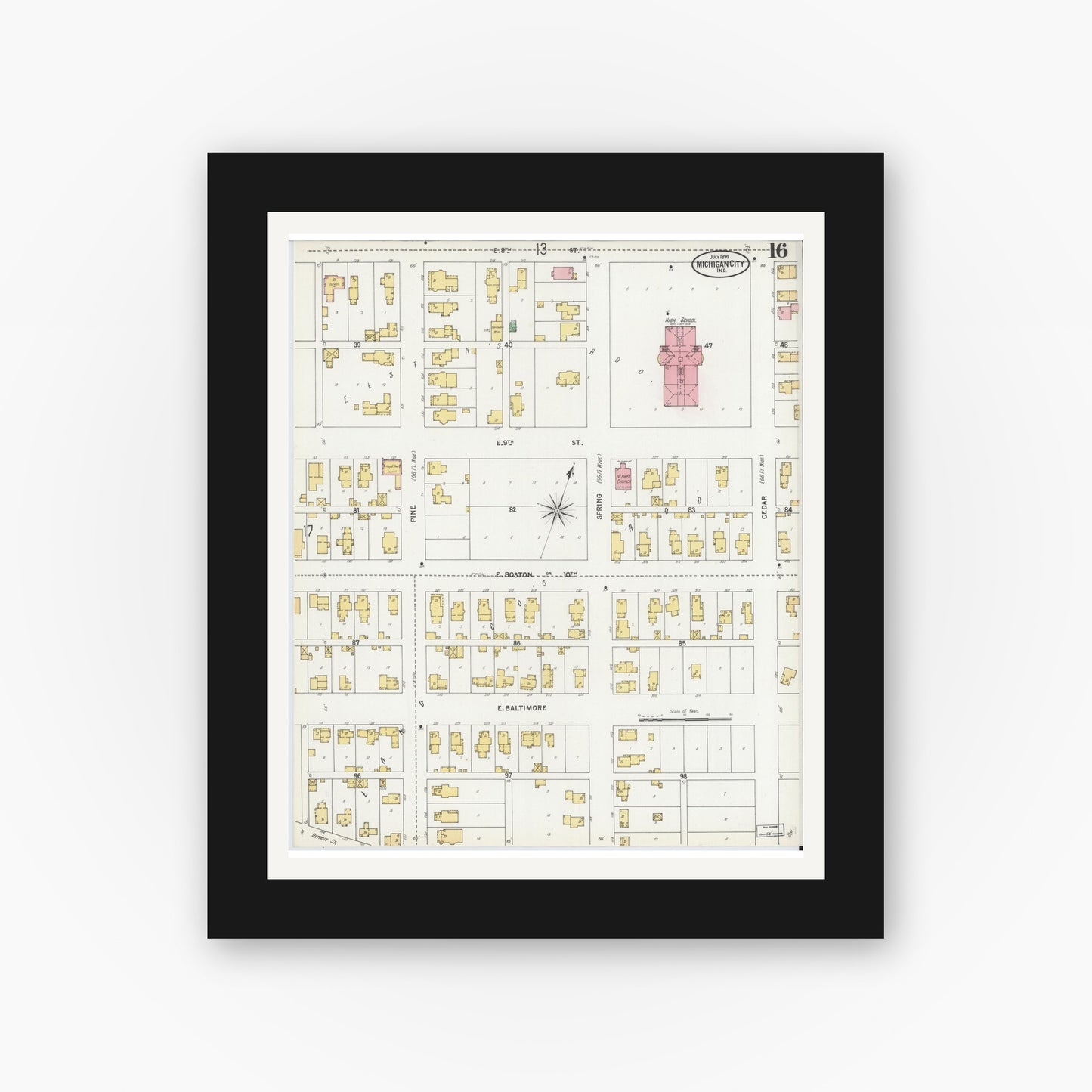 Old map wall art mockup — black gallery frame with white mat — Sanborn Fire Insurance Map from Michigan City, La Porte County, Indiana (1899), Sheet #0016