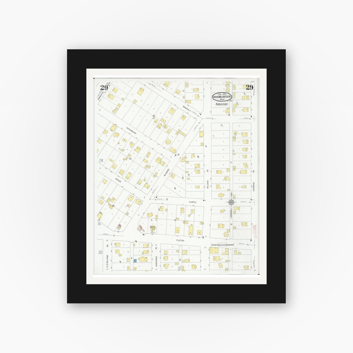 Old map wall art mockup — black gallery frame with white mat — Sanborn Fire Insurance Map from Iron Mountain, Dickinson County, Michigan (1930), Sheet #0029