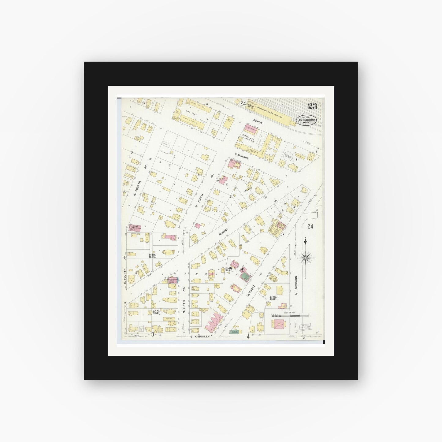 Old map wall art mockup — black gallery frame with white mat — Sanborn Fire Insurance Map from Ann Arbor, Washtenaw County, Michigan (1908), Sheet #0023