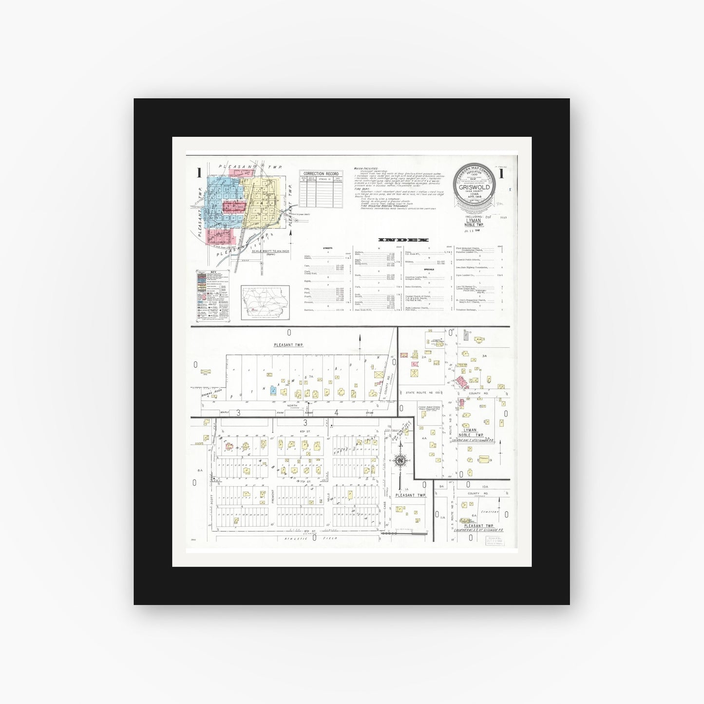 Old map wall art mockup β black gallery frame with white mat β Sanborn Fire Insurance Map from Griswold, Cass County, Iowa (1948) Γ’β¬β Complete Set