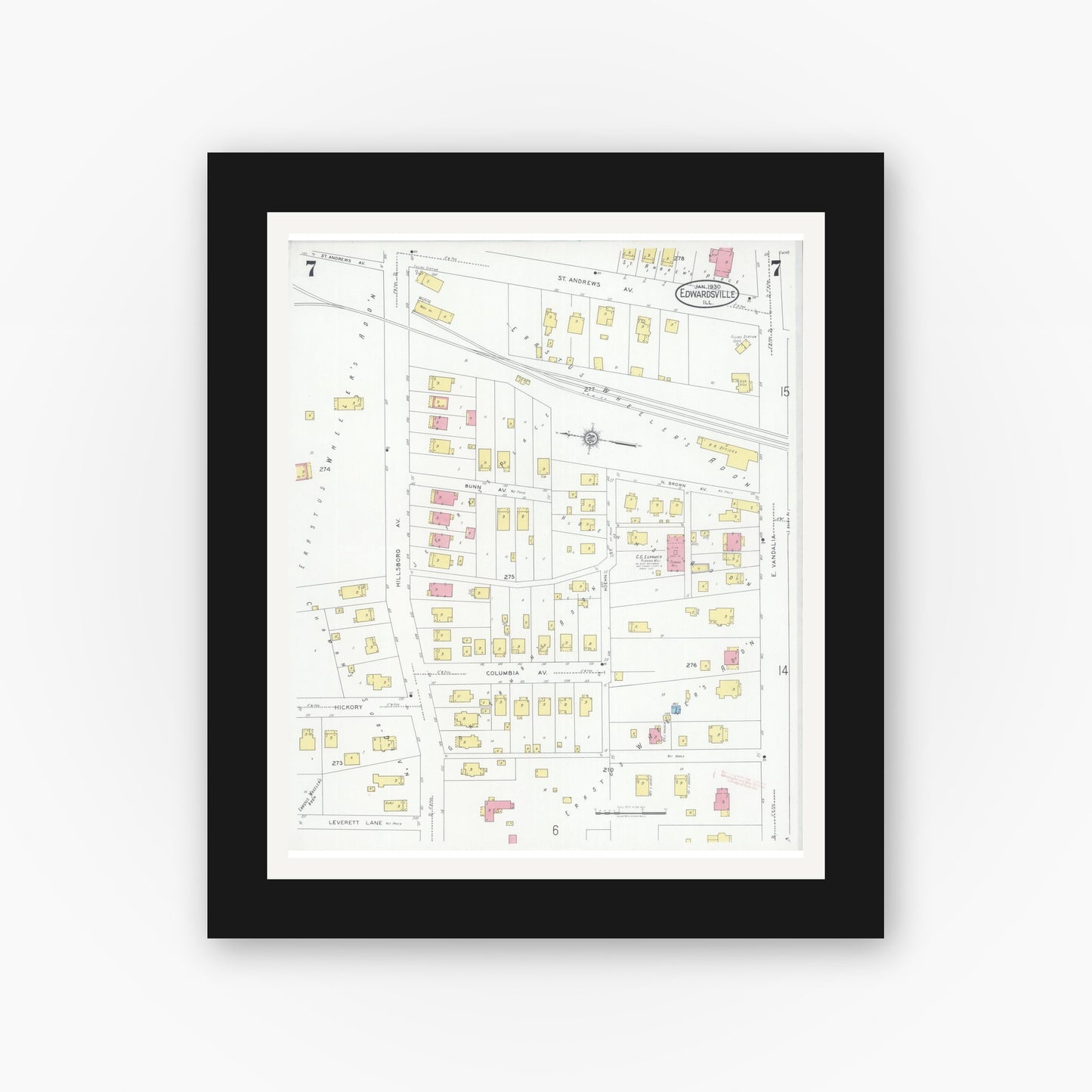 Old map wall art mockup — black gallery frame with white mat — Sanborn Fire Insurance Map from Edwardsville, Madison County, Illinois (1930), Sheet #0007