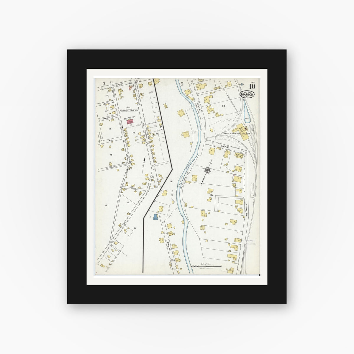Old map wall art mockup — black gallery frame with white mat — Sanborn Fire Insurance Map from Marion, Smyth County, Virginia (1921), Sheet #0010