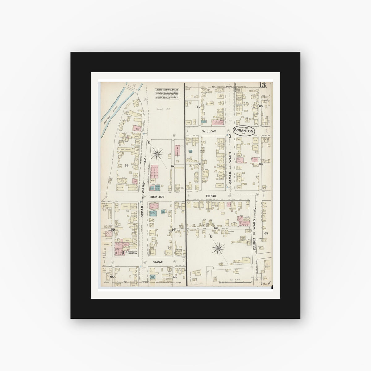 Old map wall art mockup — black gallery frame with white mat — Sanborn Fire Insurance Map from Scranton, Lackawanna County, Pennsylvania (1884), Sheet #0013