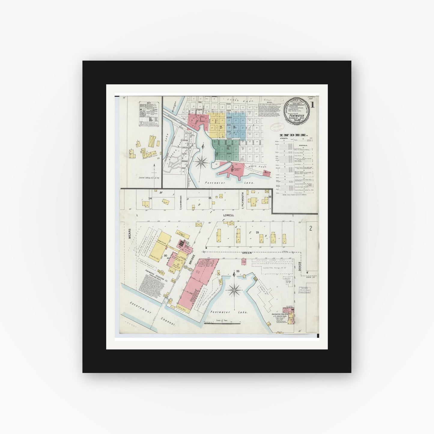 Old map wall art mockup — black gallery frame with white mat — Sanborn Fire Insurance Map from Pentwater, Oceana County, Michigan (1899) - Complete Map Set