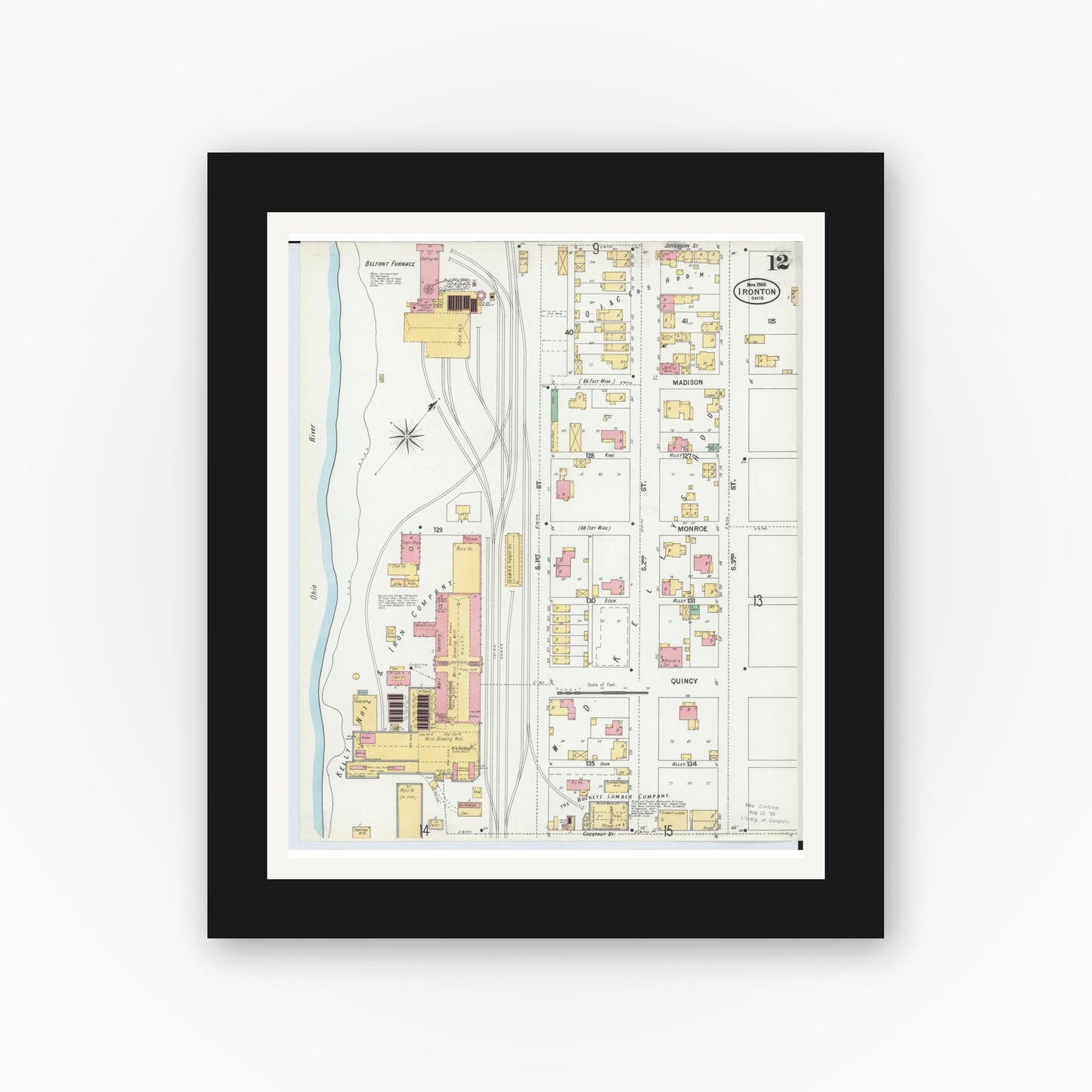 Old map wall art mockup — black gallery frame with white mat — Sanborn Fire Insurance Map from Ironton, Lawrence County, Ohio (1900), Sheet #0012