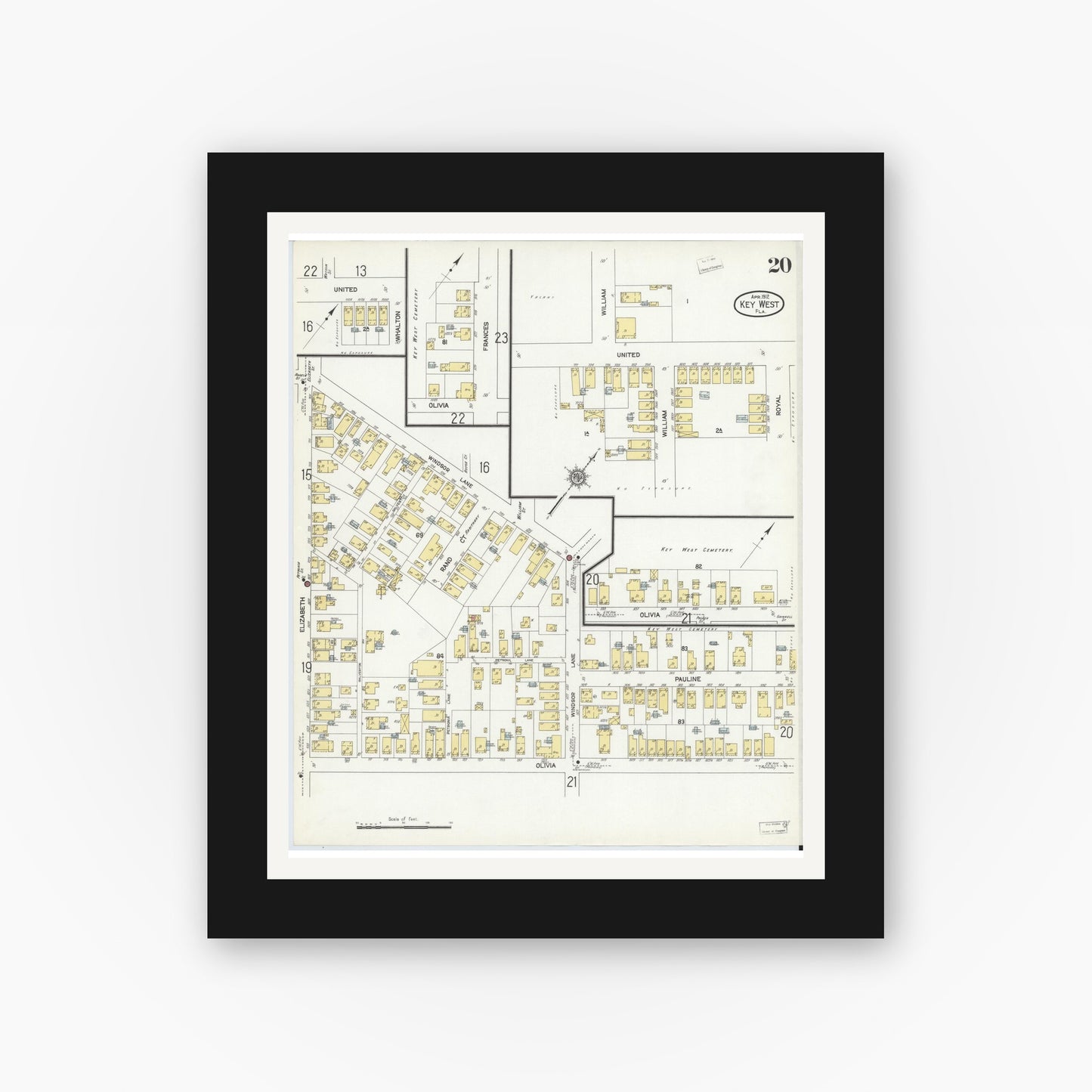 Old map wall art mockup — black gallery frame with white mat — Sanborn Fire Insurance Map from Key West, Monroe County, Florida (1912), Sheet #0020