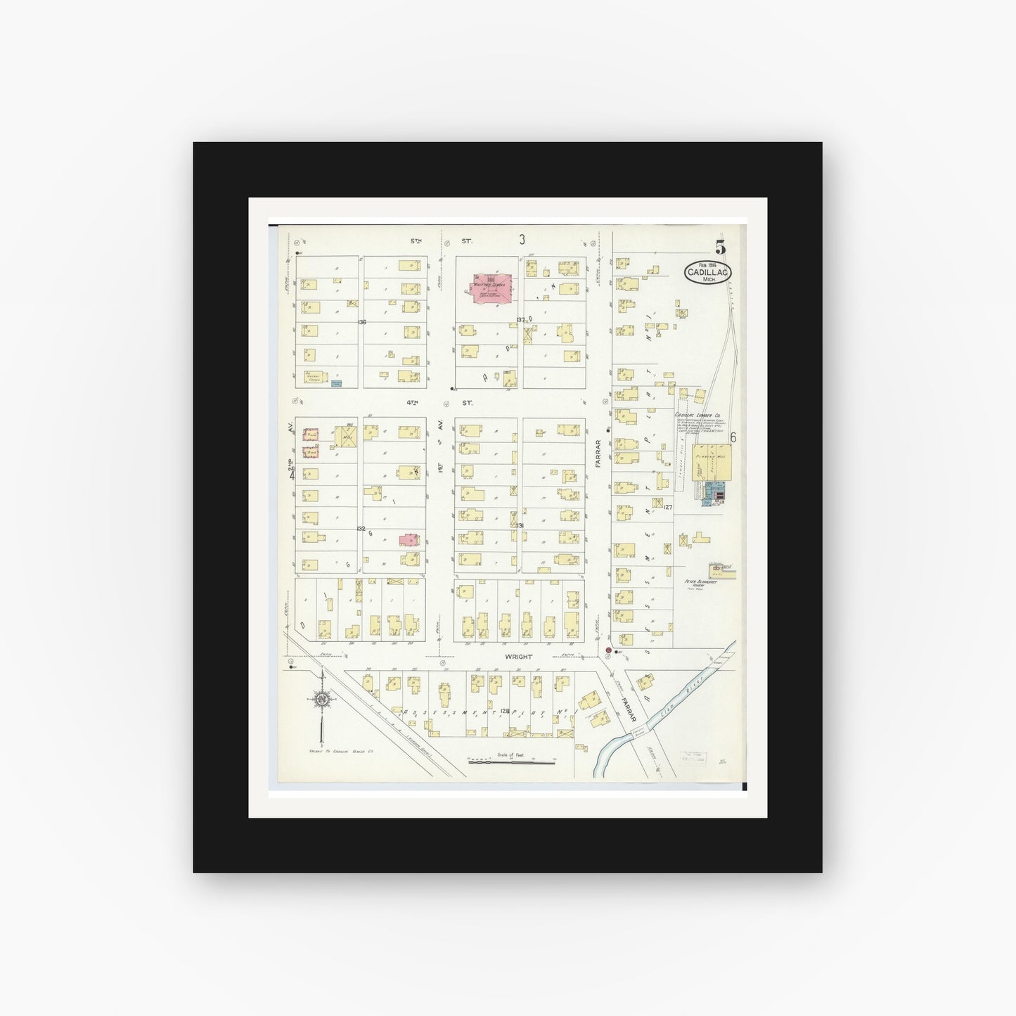 Old map wall art mockup — black gallery frame with white mat — Sanborn Fire Insurance Map from Cadillac, Wexford County, Michigan (1914), Sheet #0005