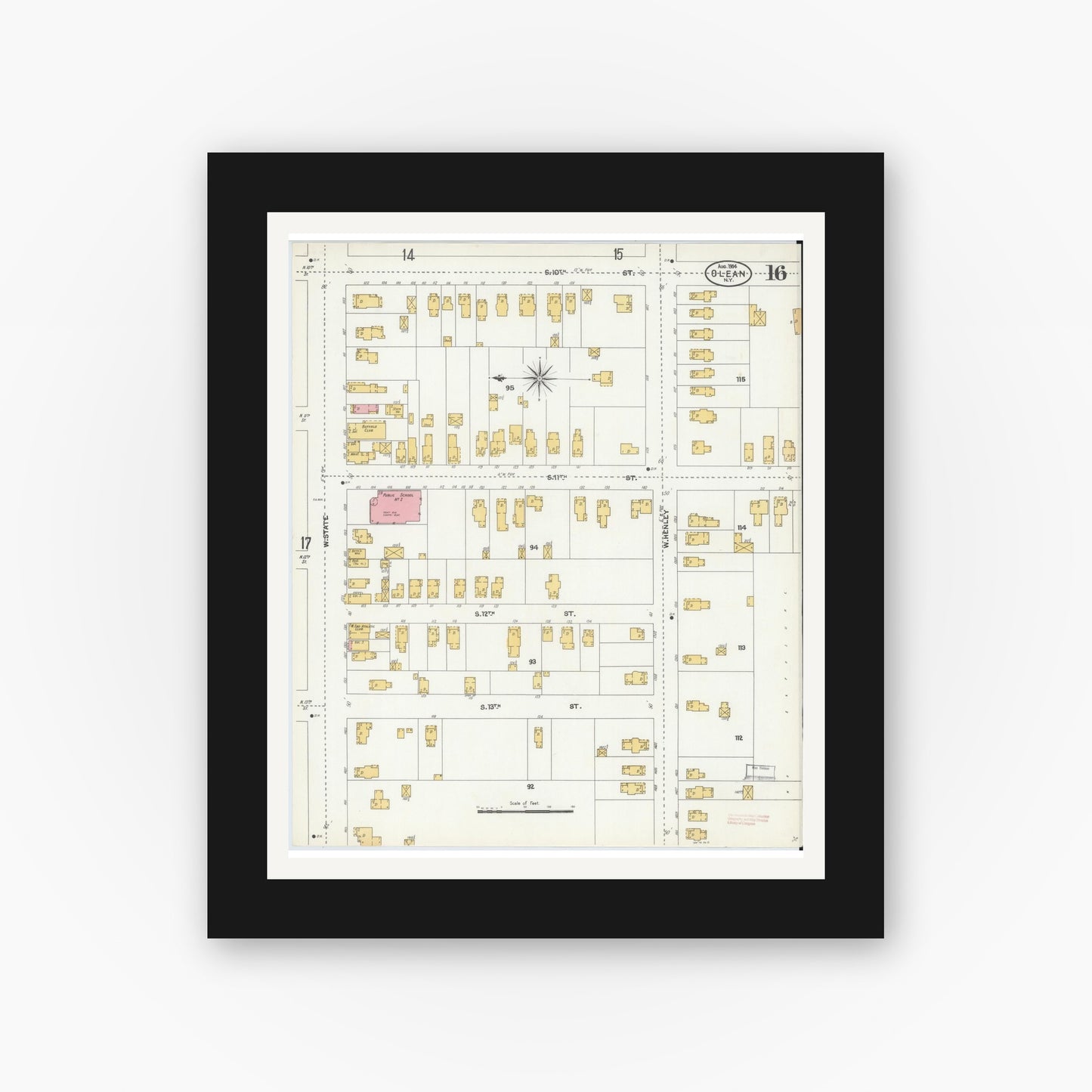 Old map wall art mockup — black gallery frame with white mat — Sanborn Fire Insurance Map from Olean, Cattaraugus County, New York (1904), Sheet #0016