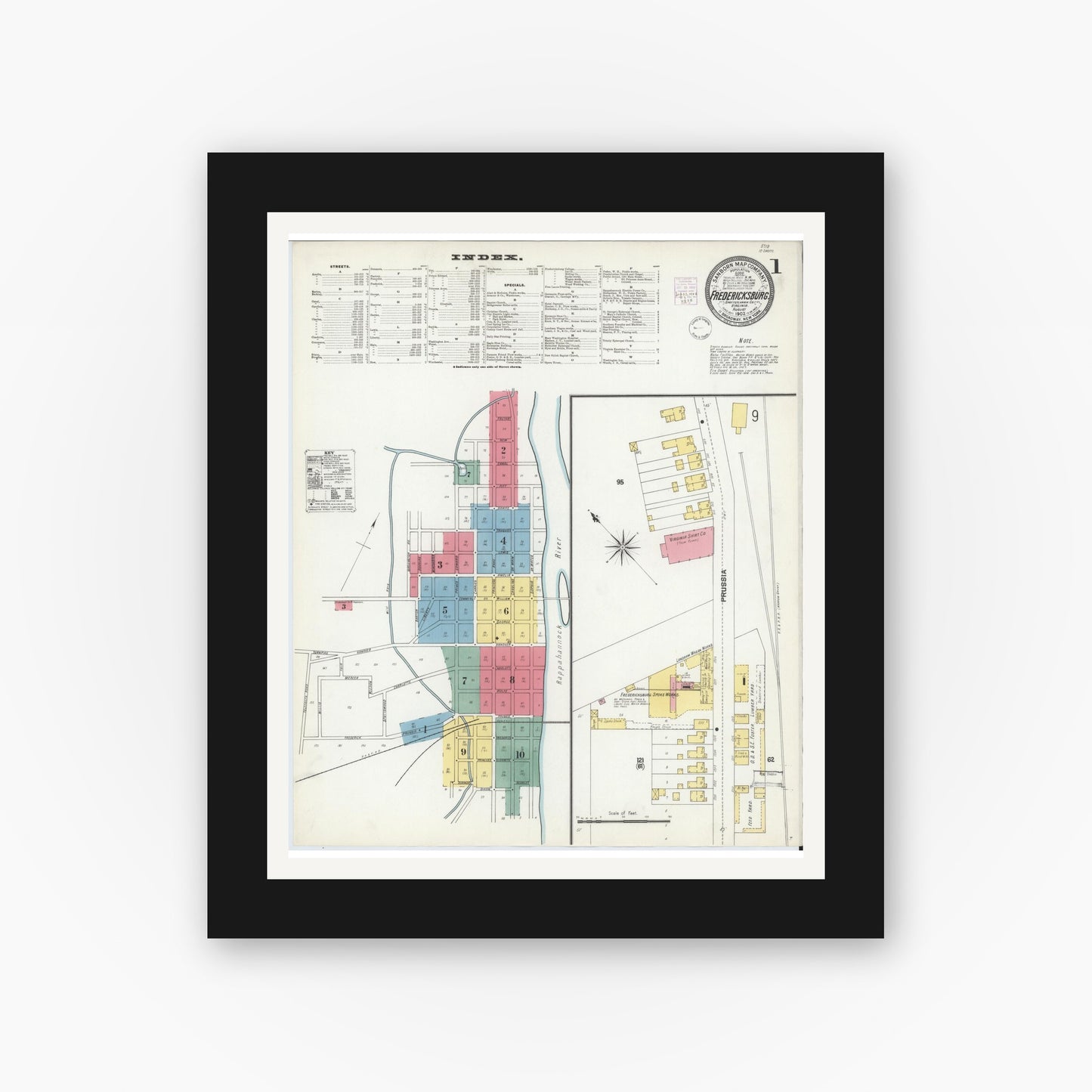 Old map wall art mockup — black gallery frame with white mat — Sanborn Fire Insurance Map from Fredericksburg, Independent Cities, Virginia (1902) - Complete Map Set