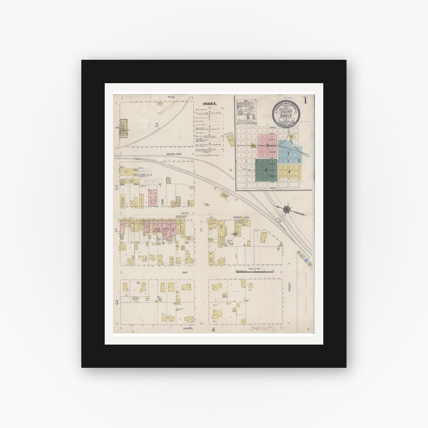 Old map wall art mockup — black gallery frame with white mat — Sanborn Fire Insurance Map from Davis, Yolo County, California (1911) - Complete Map Set