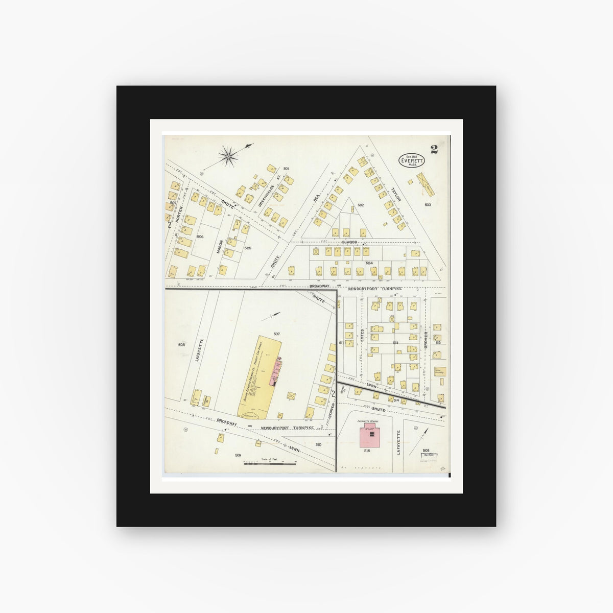 Old map wall art mockup — black gallery frame with white mat — Sanborn Fire Insurance Map from Everett, Middlesex County, Massachusetts (1903), Sheet #0002