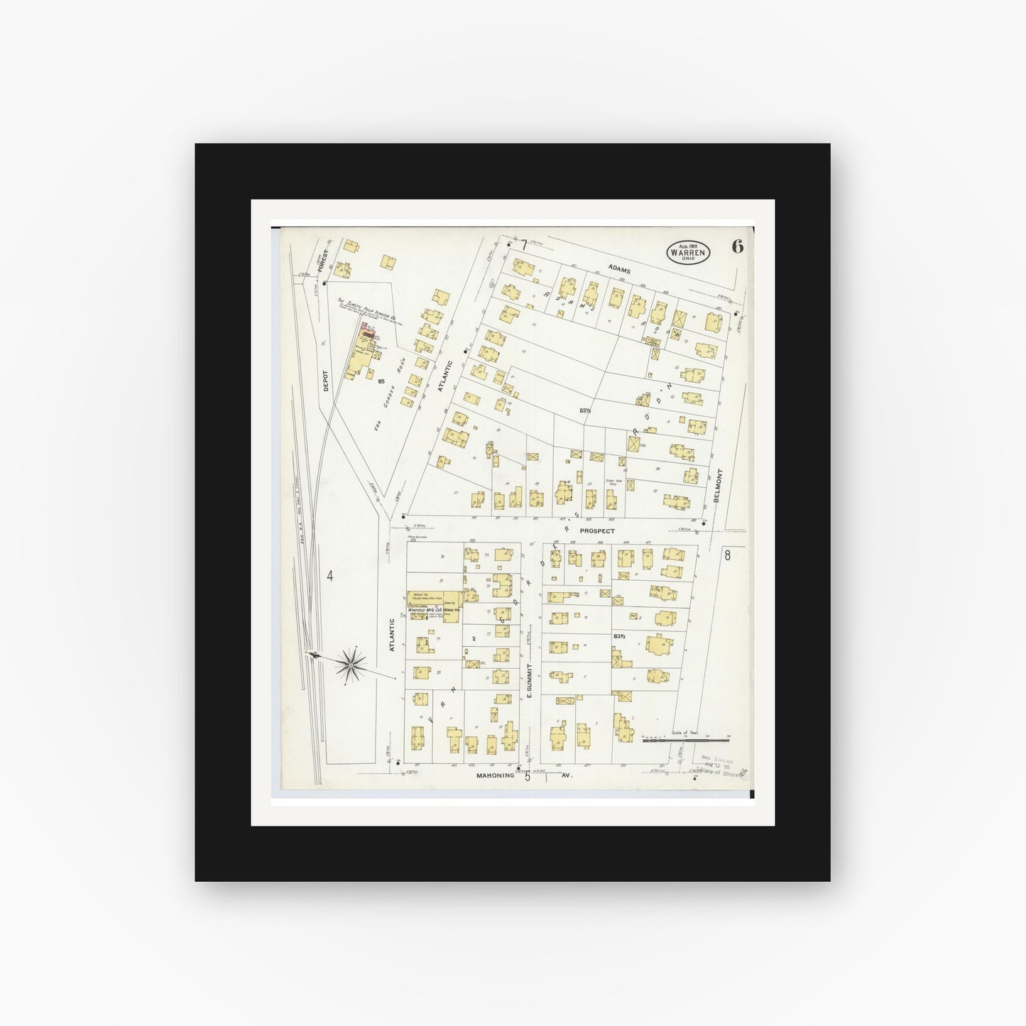 Old map wall art mockup — black gallery frame with white mat — Sanborn Fire Insurance Map from Warren, Trumbull County, Ohio (1908), Sheet #0006