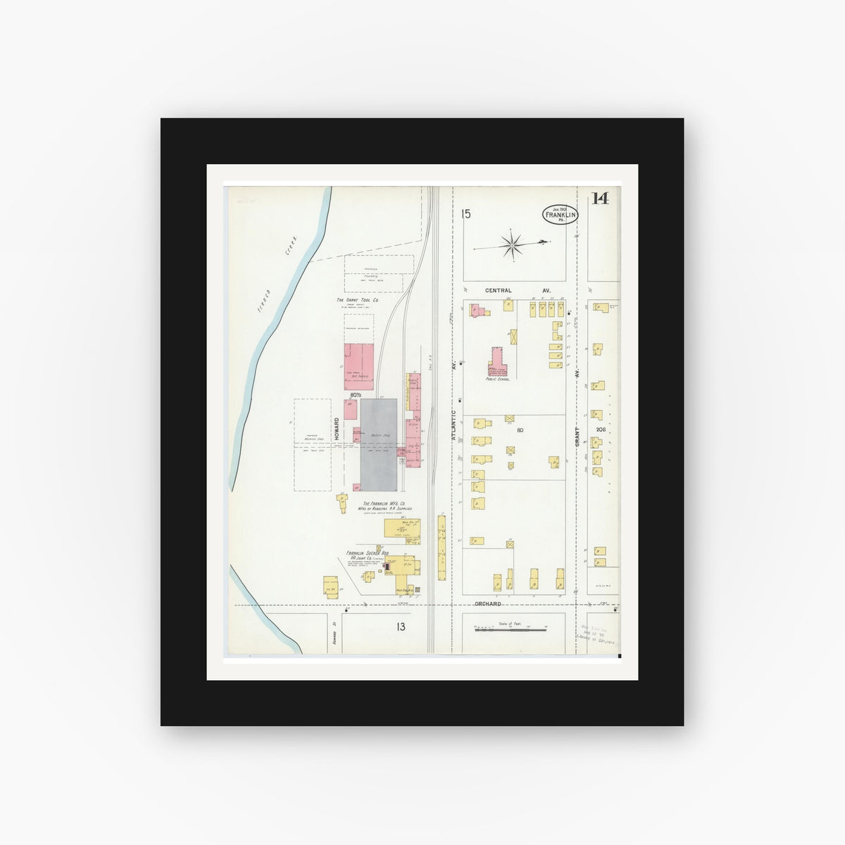 Old map wall art mockup — black gallery frame with white mat — Sanborn Fire Insurance Map from Franklin, Venango County, Pennsylvania (1901), Sheet #0014