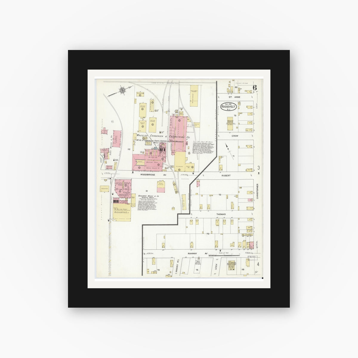 Old map wall art mockup — black gallery frame with white mat — Sanborn Fire Insurance Map from Roosevelt, Middlesex County, New Jersey (1912), Sheet #0006