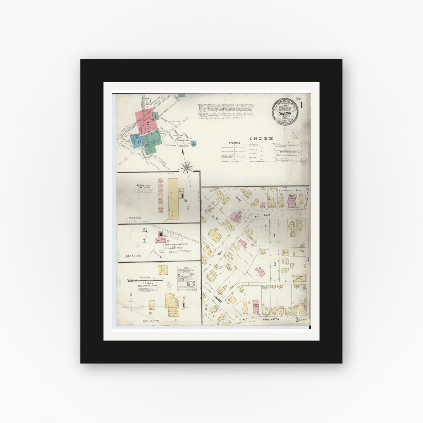 Old map wall art mockup — black gallery frame with white mat — Sanborn Fire Insurance Map from Sabina, Clinton County, Ohio (1907) - Complete Map Set