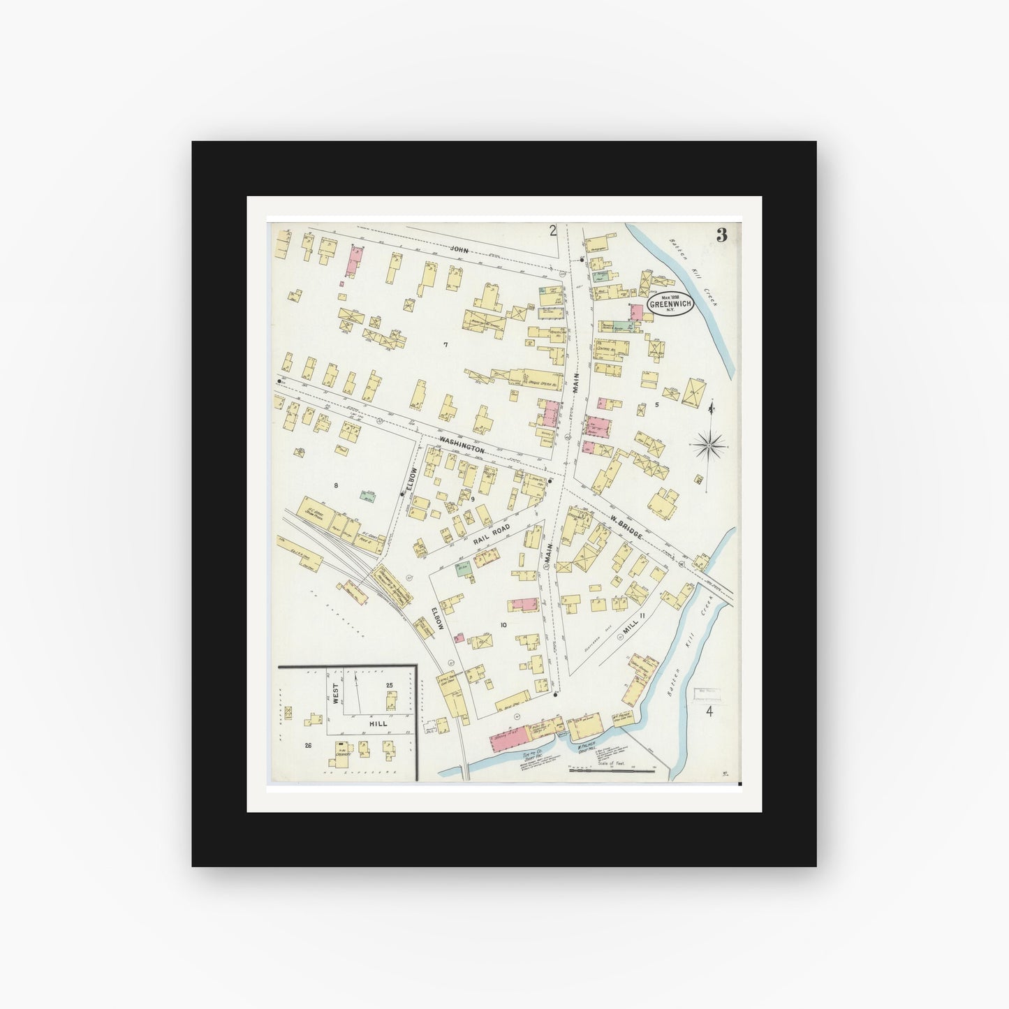 Old map wall art mockup — black gallery frame with white mat — Sanborn Fire Insurance Map from Greenwich, Washington County, New York (1898), Sheet #0003