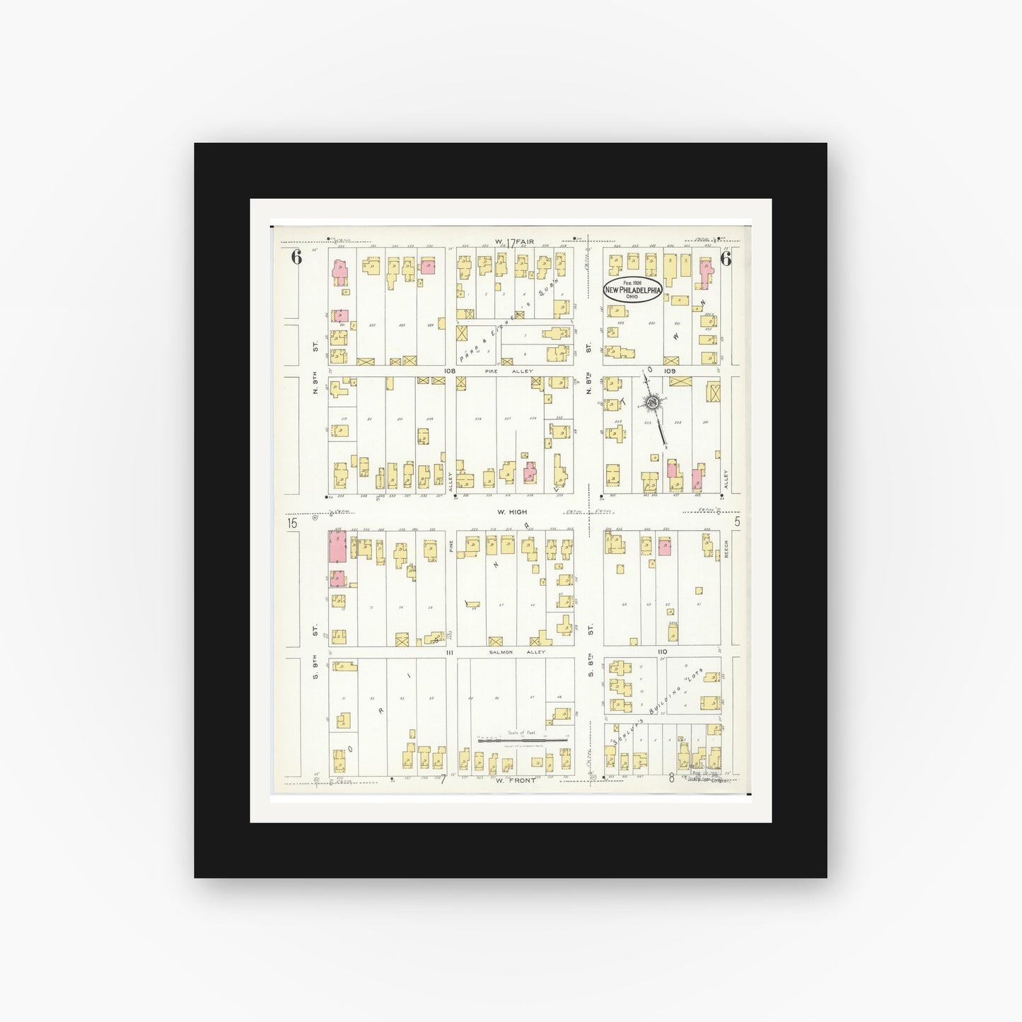 Old map wall art mockup — black gallery frame with white mat — Sanborn Fire Insurance Map from New Philadelphia, Tuscarawas County, Ohio (1926), Sheet #0006