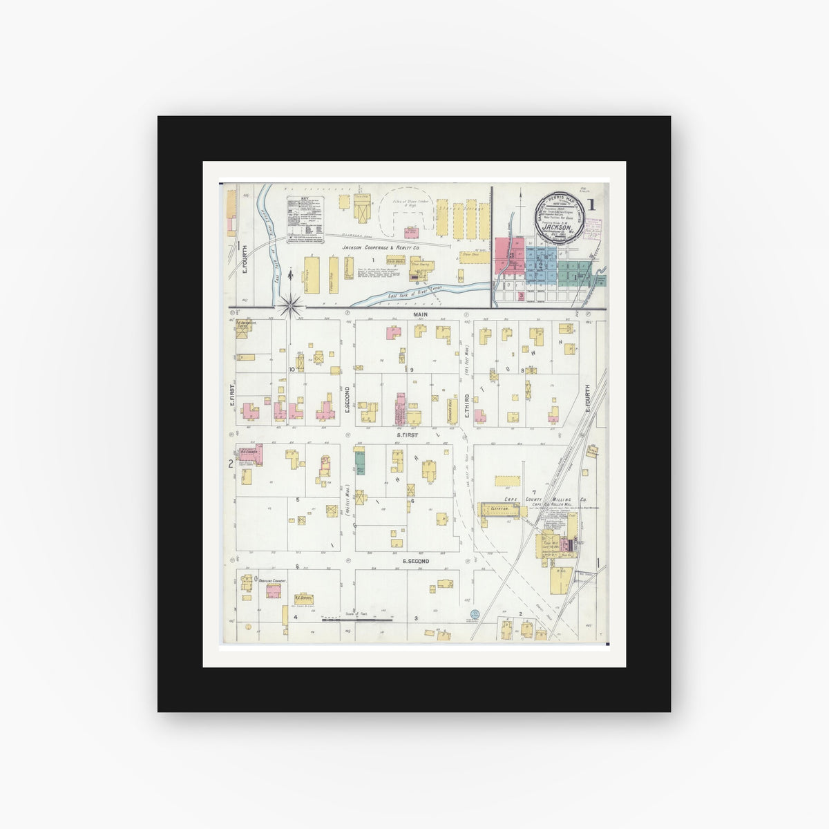 Old map wall art mockup — black gallery frame with white mat — Sanborn Fire Insurance Map from Jackson, Cape Girardeau County, Missouri (1901) - Complete Map Set
