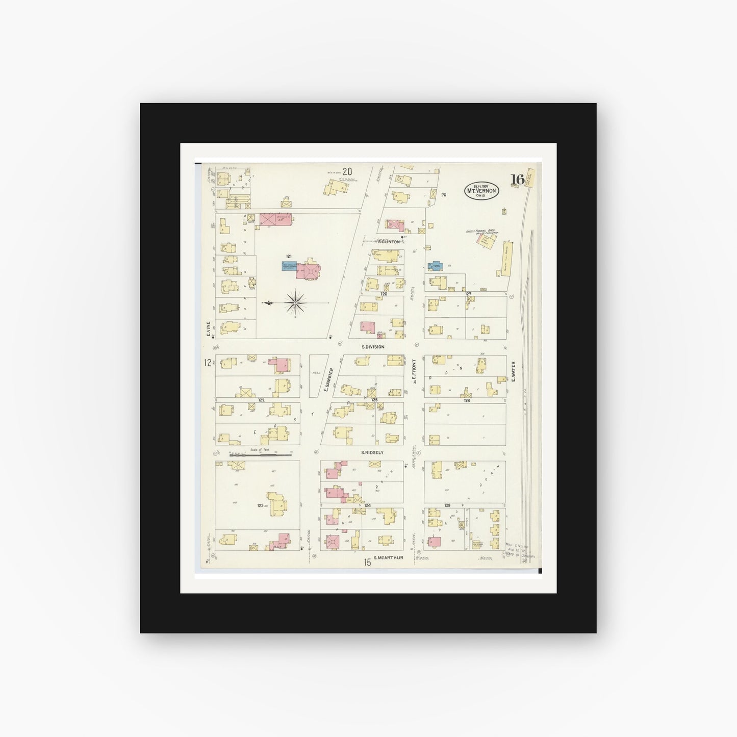 Old map wall art mockup — black gallery frame with white mat — Sanborn Fire Insurance Map from Mount Vernon, Knox County, Ohio (1907), Sheet #0016