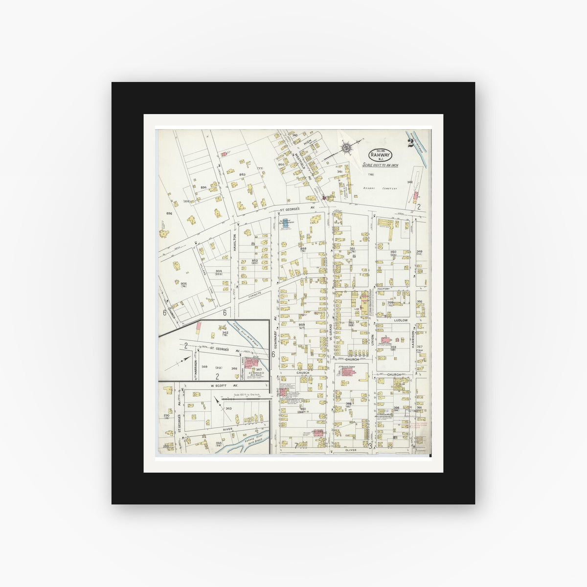 Old map wall art mockup — black gallery frame with white mat — Sanborn Fire Insurance Map from Rahway, Union County, New Jersey (1915), Sheet #0002