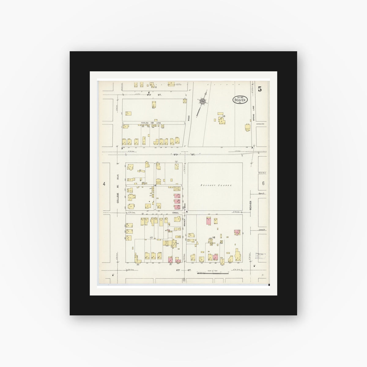 Old map wall art mockup — black gallery frame with white mat — Sanborn Fire Insurance Map from Beaver, Beaver County, Pennsylvania (1912), Sheet #0005