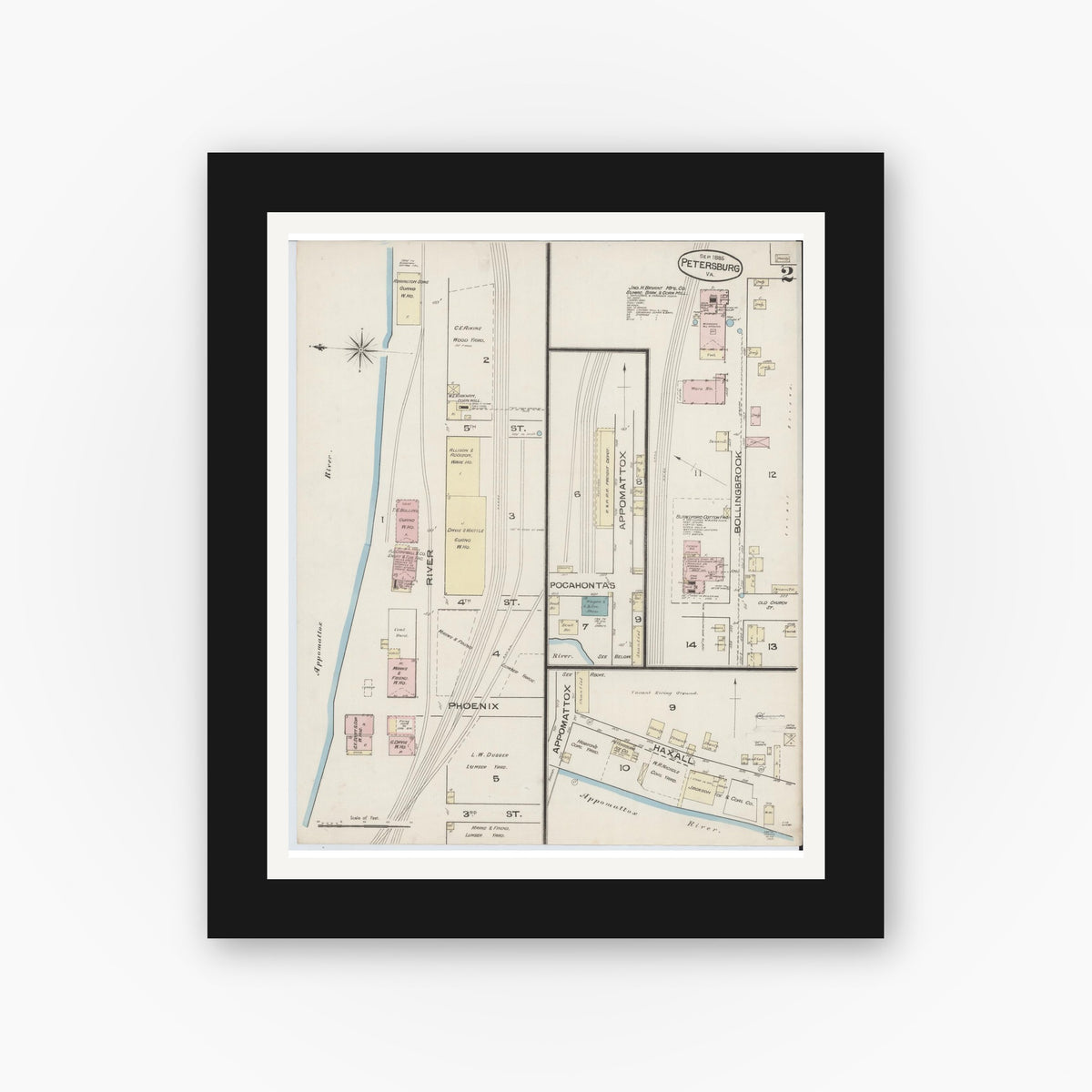 Old map wall art mockup — black gallery frame with white mat — Sanborn Fire Insurance Map from Petersburg, Independent Cities, Virginia (1885), Sheet #0002
