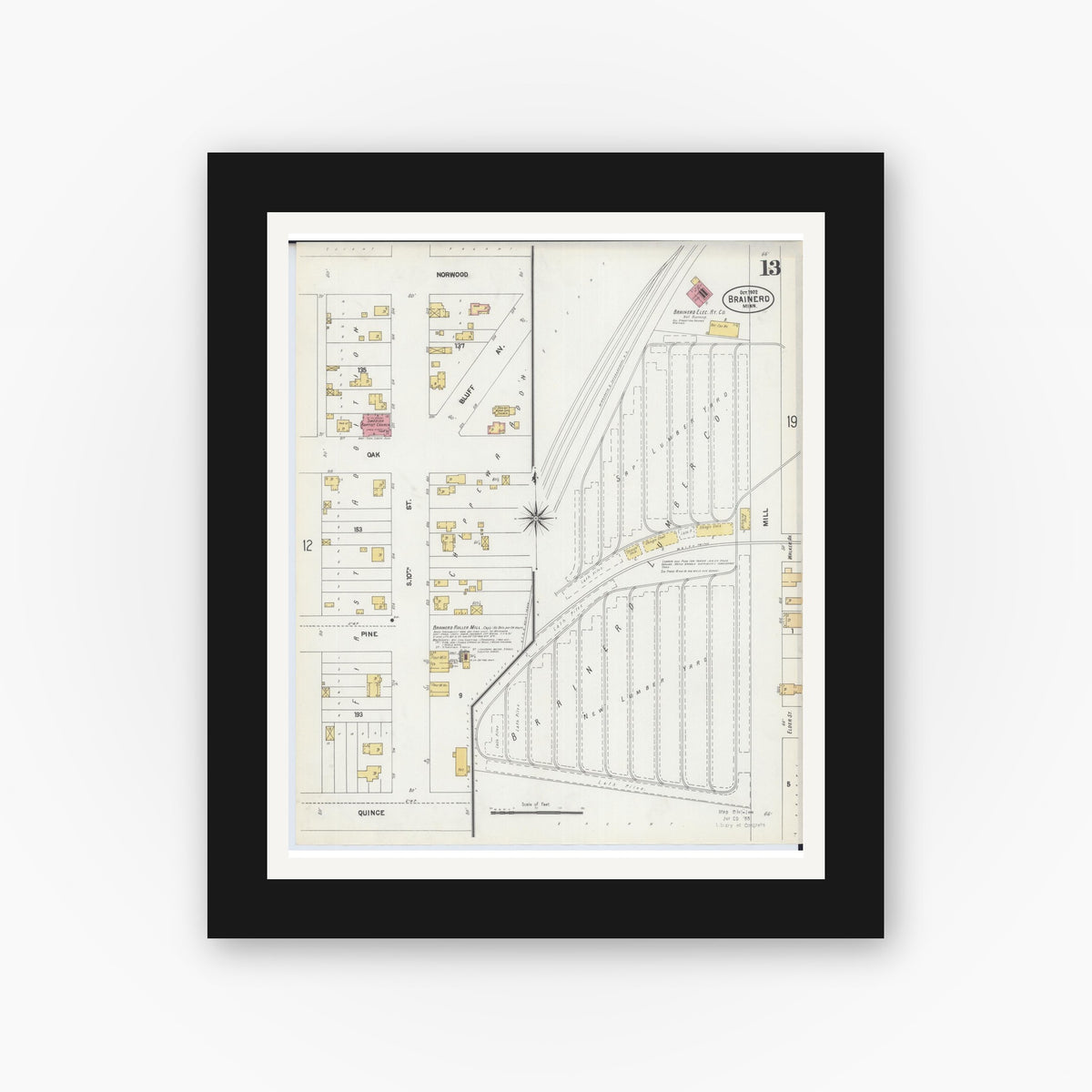 Old map wall art mockup — black gallery frame with white mat — Sanborn Fire Insurance Map from Brainerd, Crow Wing County, Minnesota (1902), Sheet #0013