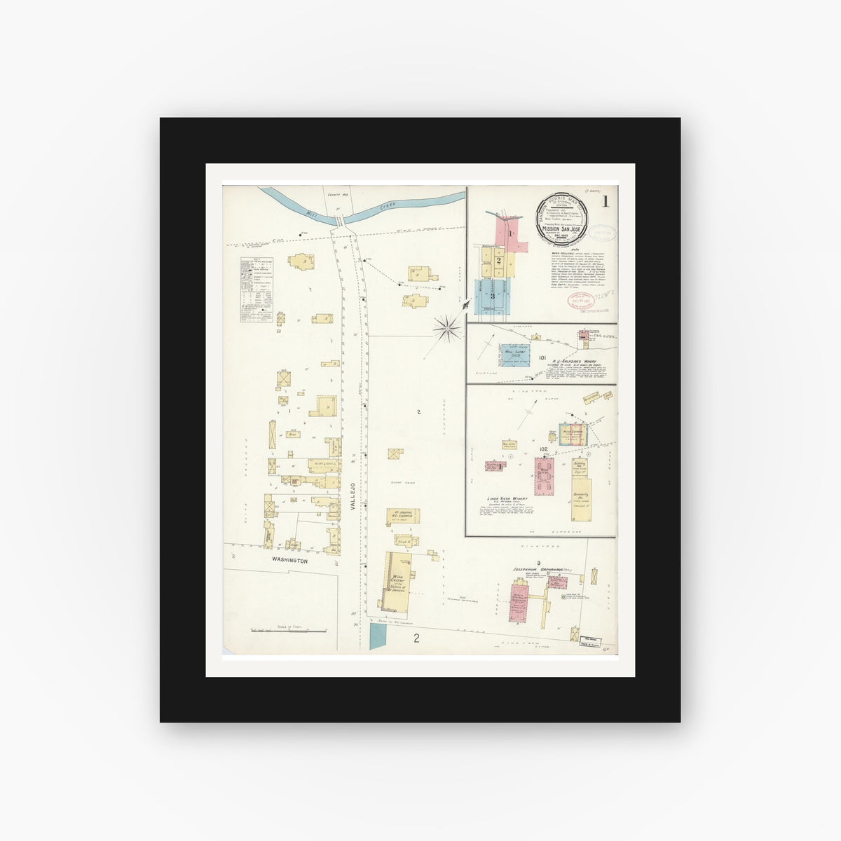 Old map wall art mockup — black gallery frame with white mat — Sanborn Fire Insurance Map from Mission San Jose, Alameda County, California (1897), Sheet #0001