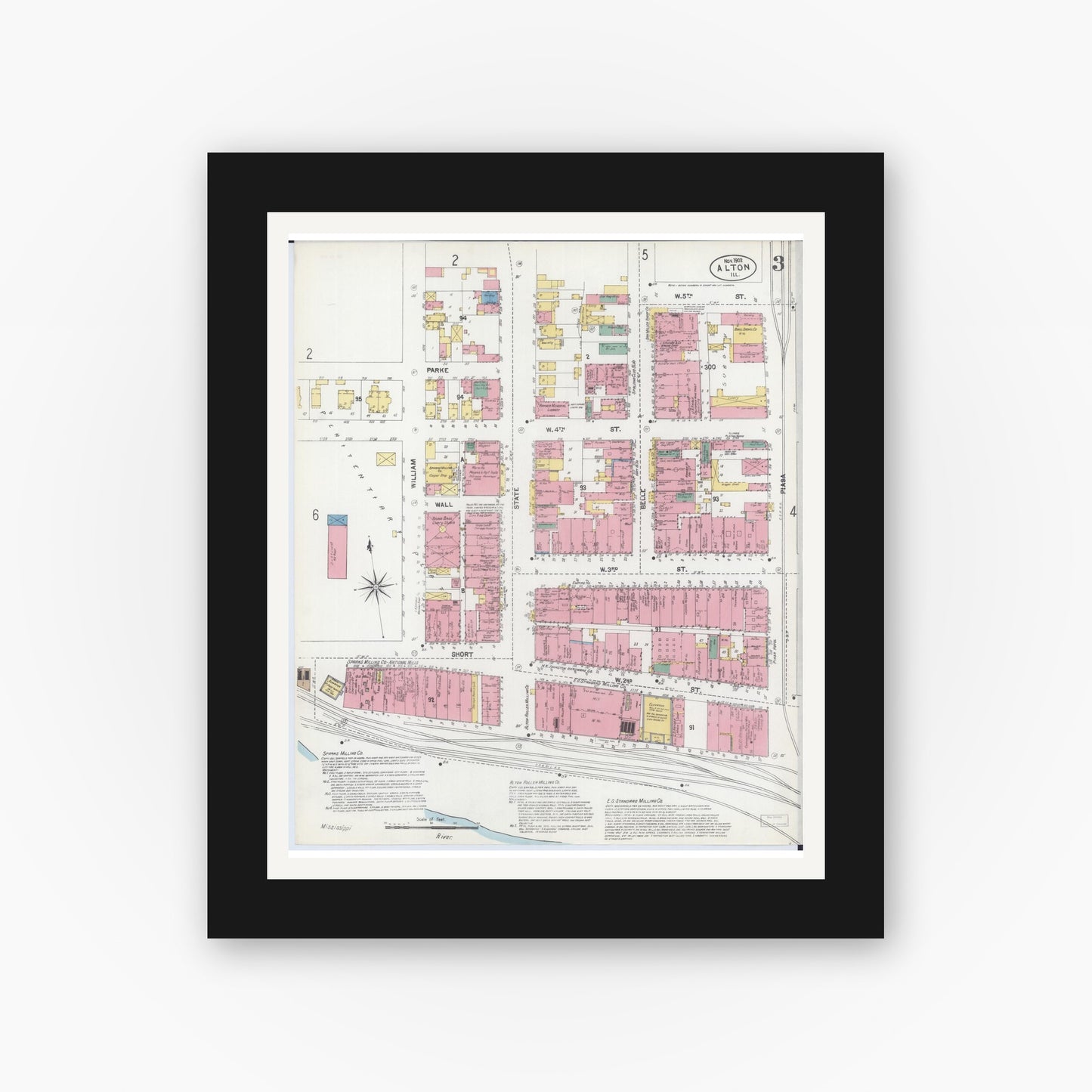 Old map wall art mockup — black gallery frame with white mat — Sanborn Fire Insurance Map from Alton, Madison County, Illinois (1902), Sheet #0003