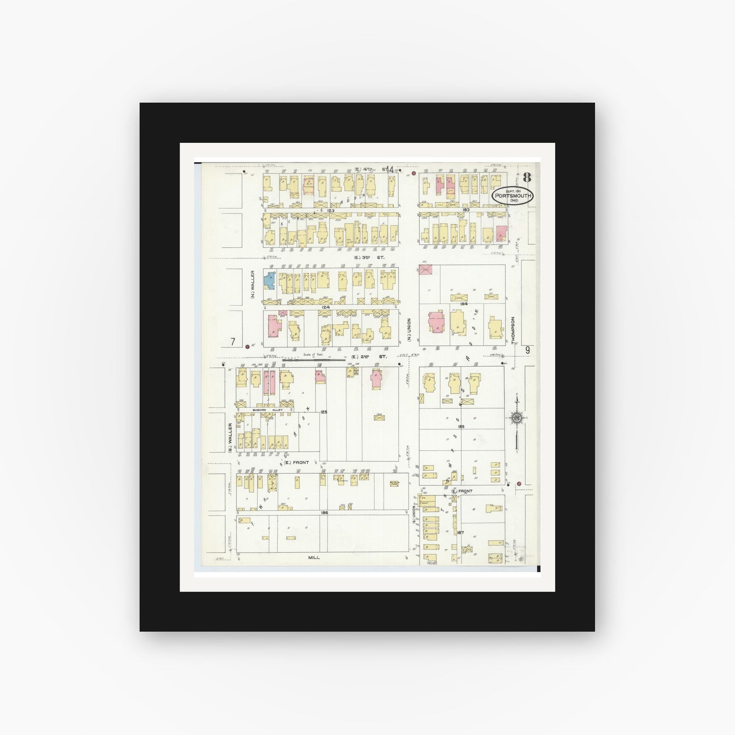 Old map wall art mockup — black gallery frame with white mat — Sanborn Fire Insurance Map from Portsmouth, Scioto County, Ohio (1911), Sheet #0008