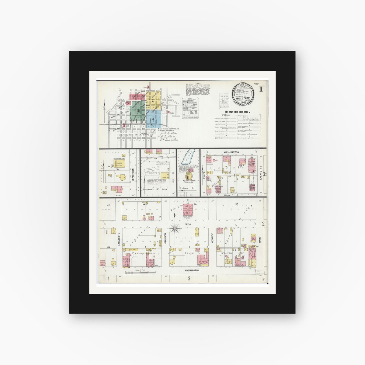 Old map wall art mockup — black gallery frame with white mat — Sanborn Fire Insurance Map from Millstadt, Saint Clair County, Illinois (1900) - Complete Map Set