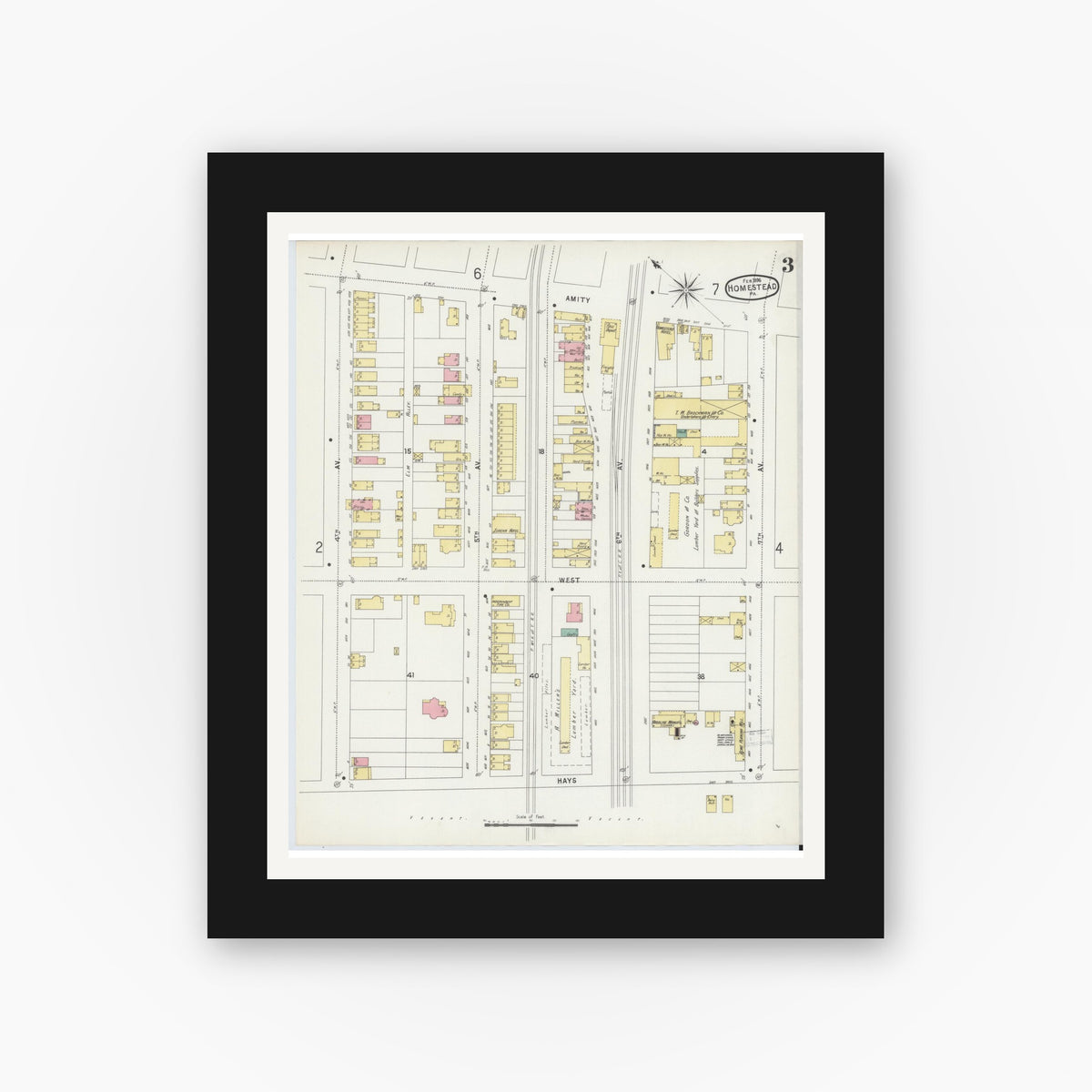 Old map wall art mockup β black gallery frame with white mat β Sanborn Fire Insurance Map from Homestead, Allegheny County, Pennsylvania (1896), Sheet #0003