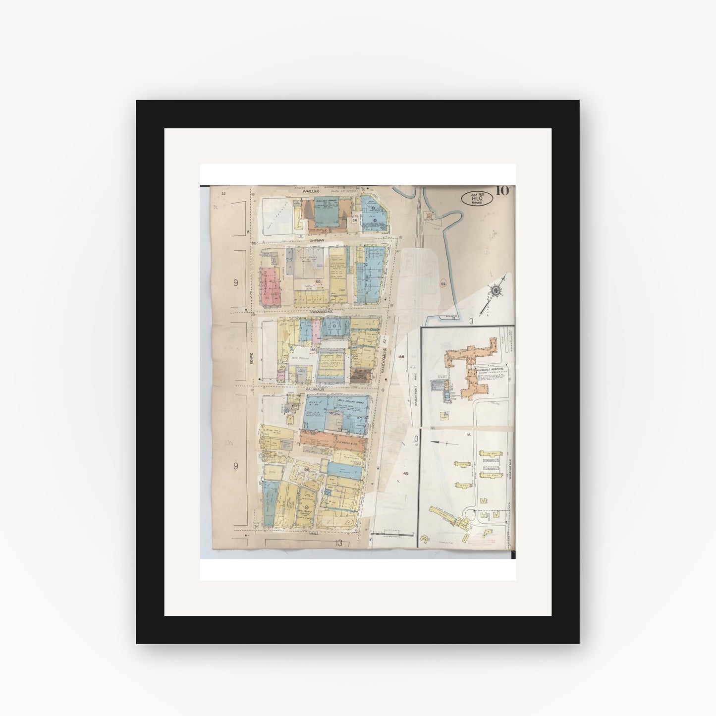 Old map wall art mockup β black gallery frame with white mat β Sanborn Fire Insurance Map from Hilo, Hawaii County, Hawaii (1957), Sheet #0010