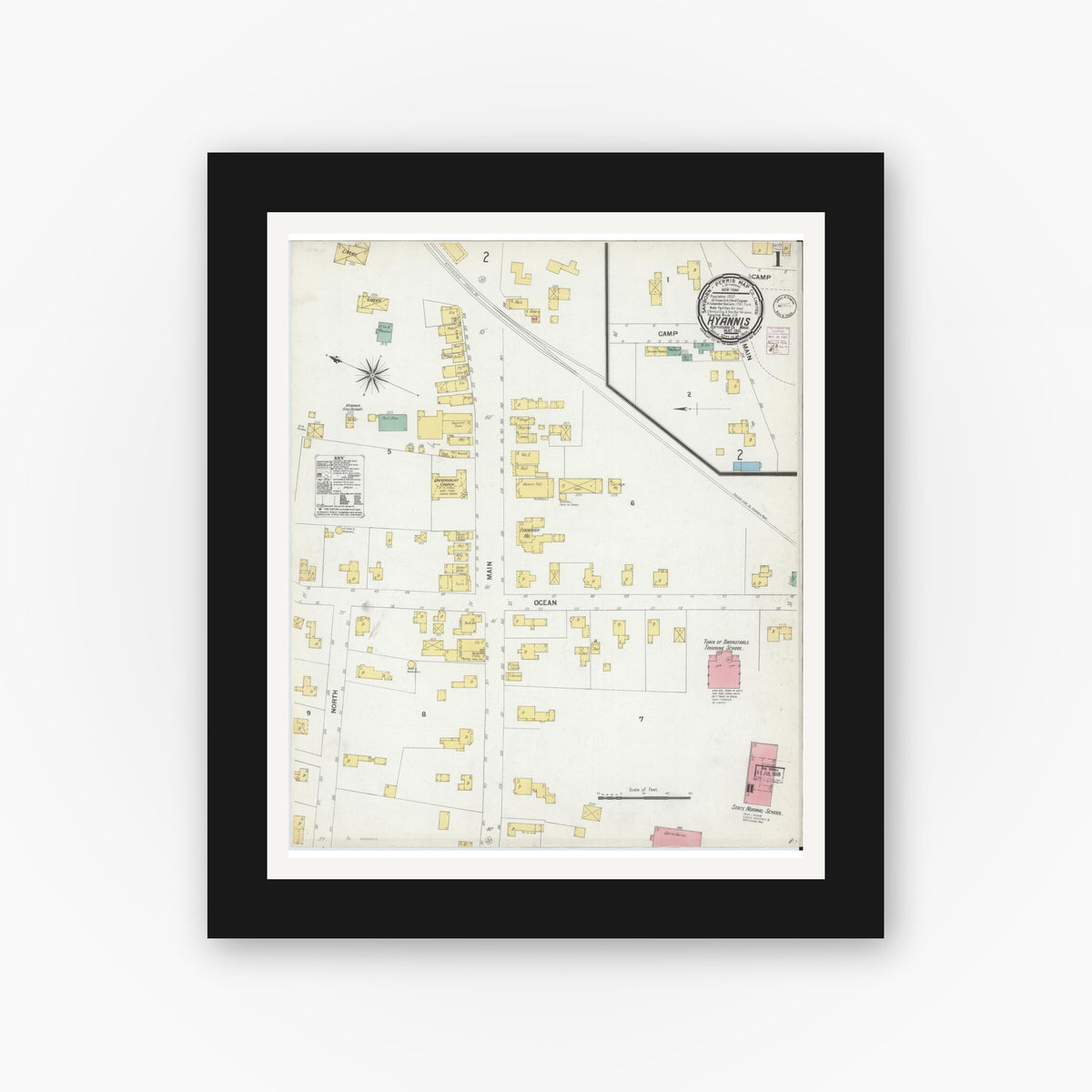 Old map wall art mockup — black gallery frame with white mat — Sanborn Fire Insurance Map from Hyannis, Barnstable County, Massachusetts (1901) - Complete Map Set