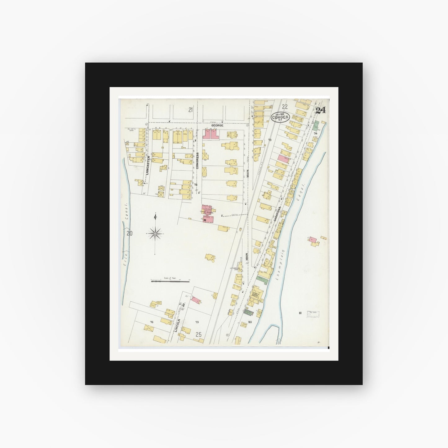 Old map wall art mockup — black gallery frame with white mat — Sanborn Fire Insurance Map from Cohoes, Albany County, New York (1902), Sheet #0024