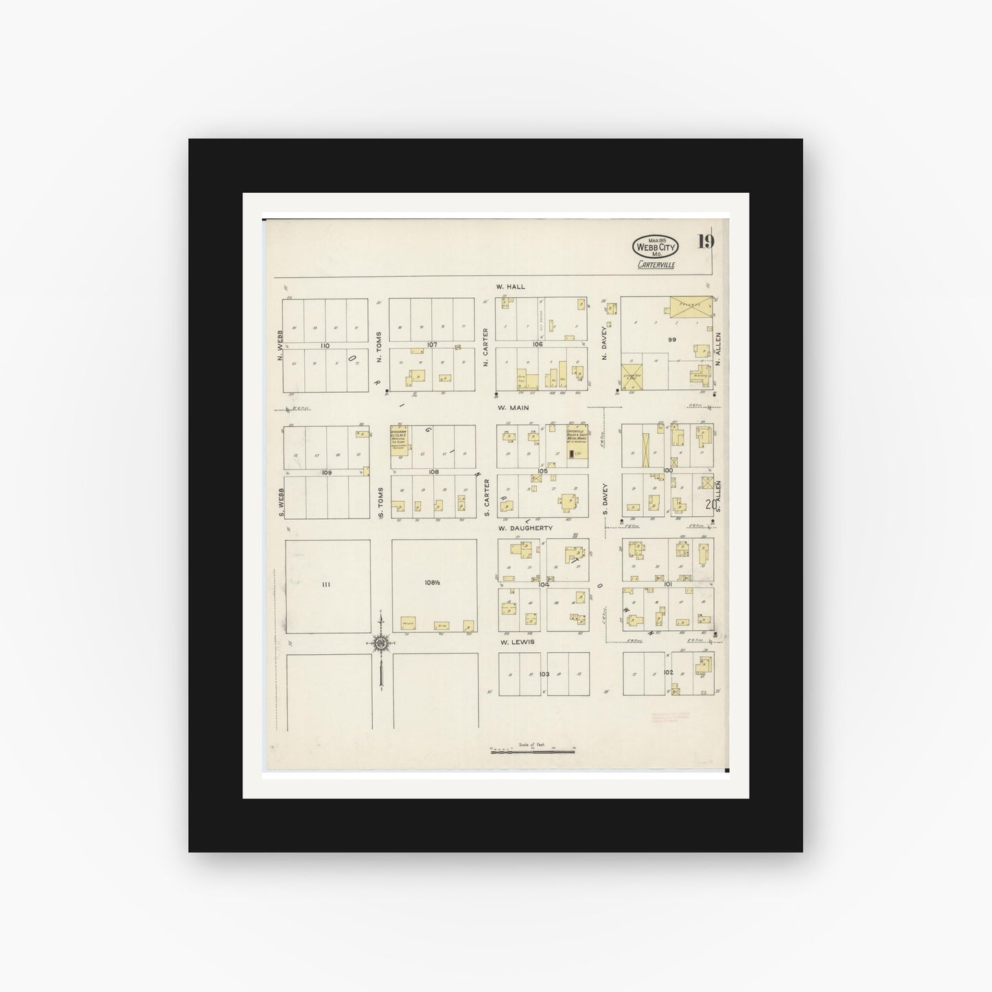 Old map wall art mockup — black gallery frame with white mat — Sanborn Fire Insurance Map from Webb City, Jasper County, Missouri (1915), Sheet #0019