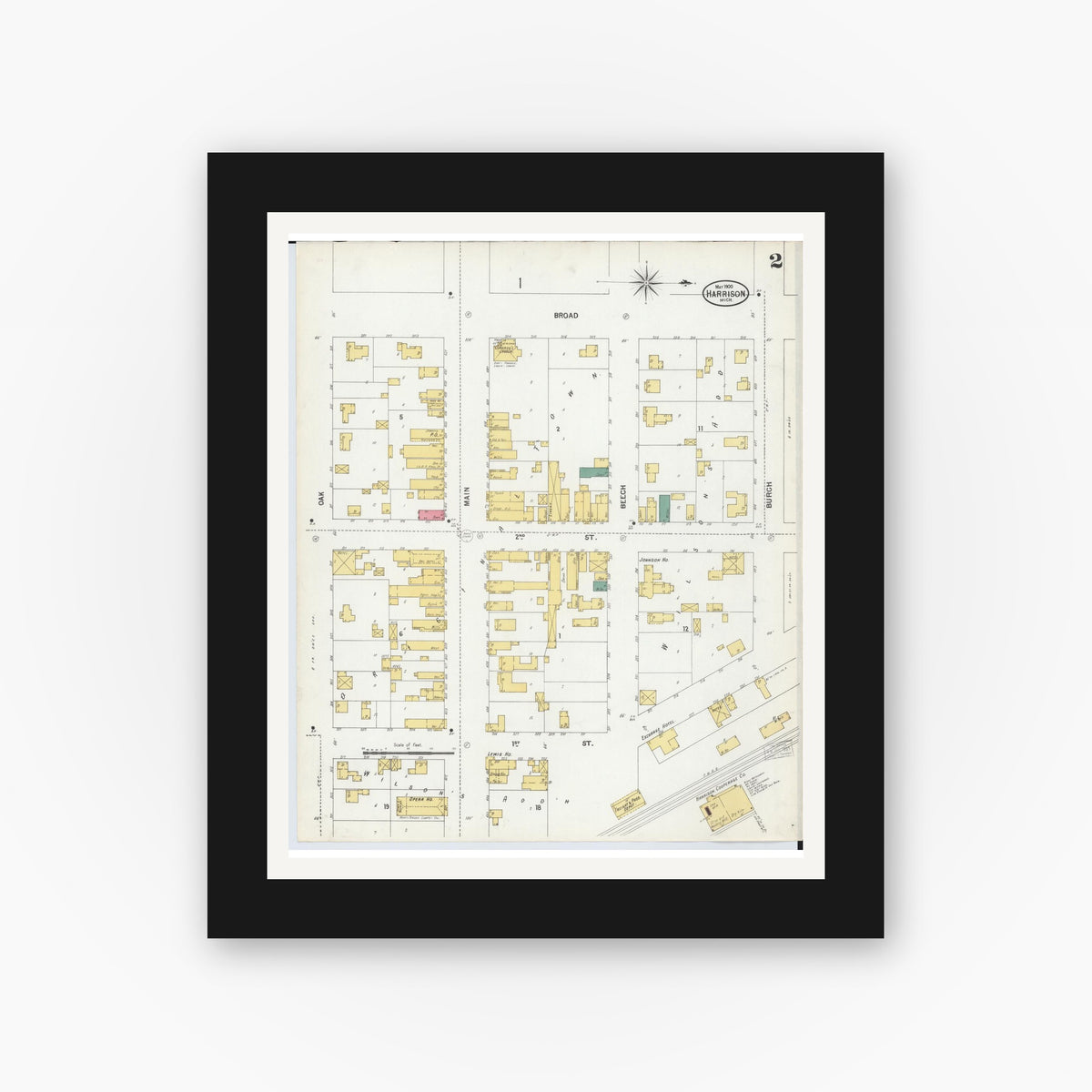 Old map wall art mockup — black gallery frame with white mat — Sanborn Fire Insurance Map from Harrison, Clare County, Michigan (1900), Sheet #0002