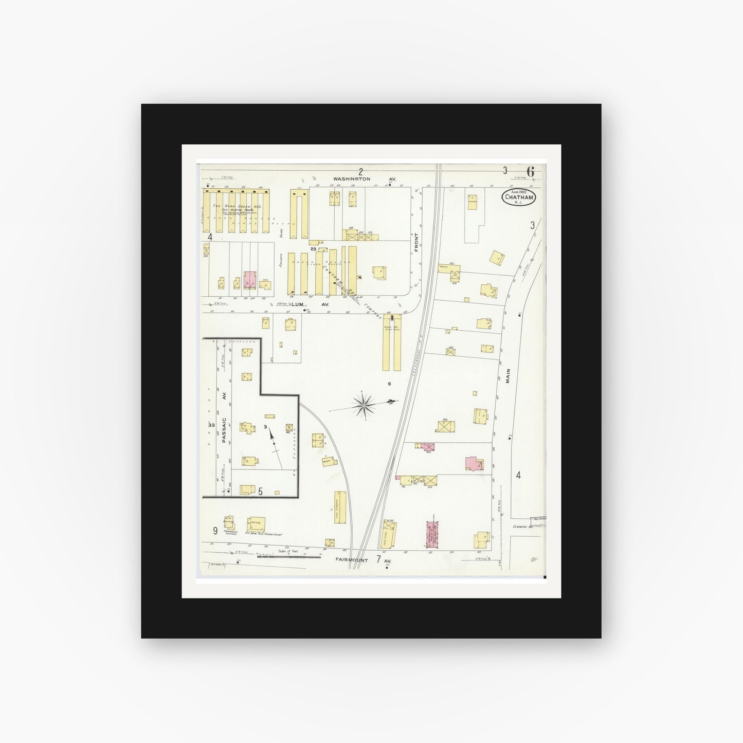 Old map wall art mockup — black gallery frame with white mat — Sanborn Fire Insurance Map from Chatham, Morris County, New Jersey (1909), Sheet #0006