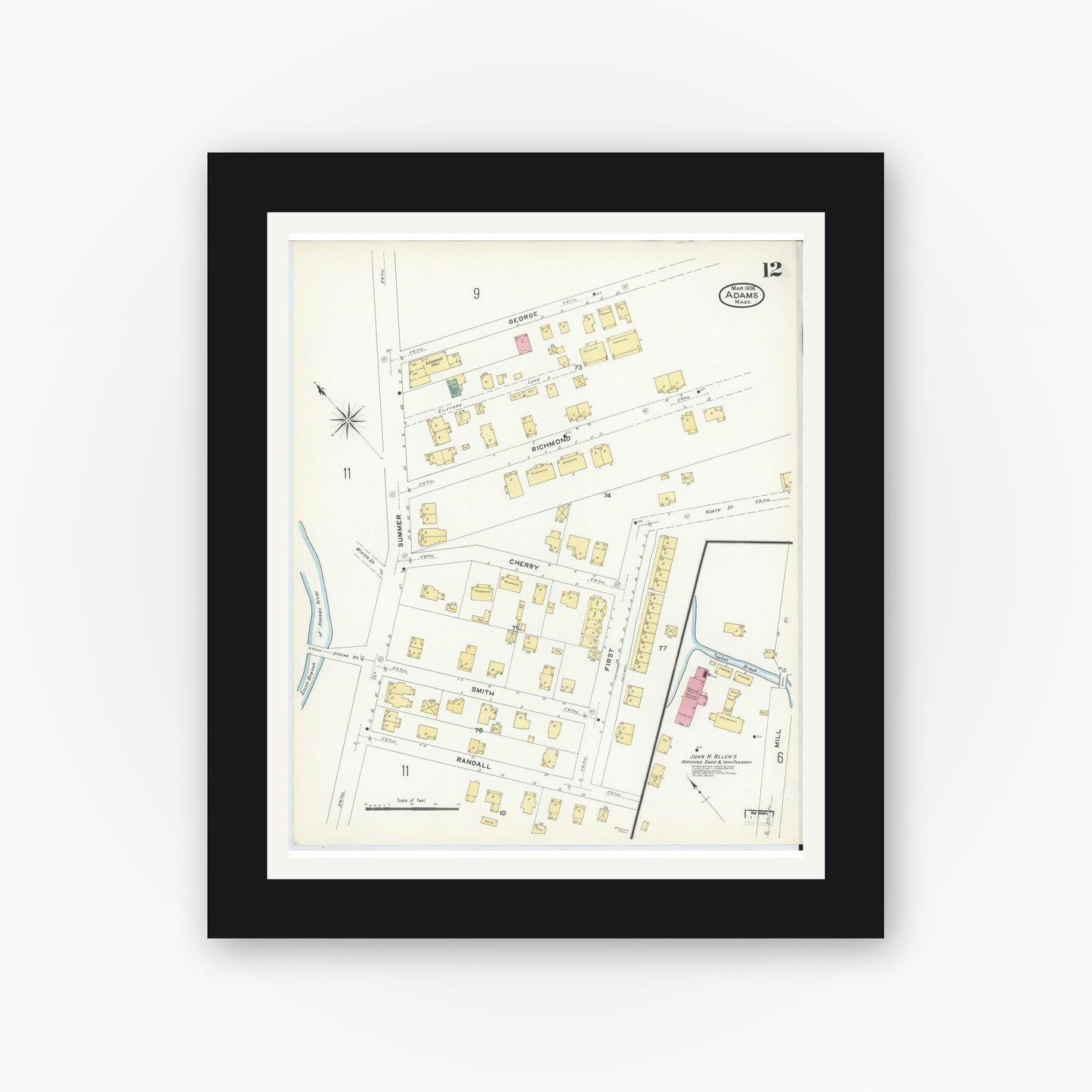 Old map wall art mockup — black gallery frame with white mat — Sanborn Fire Insurance Map from Adams, Berkshire County, Massachusetts (1908), Sheet #0012