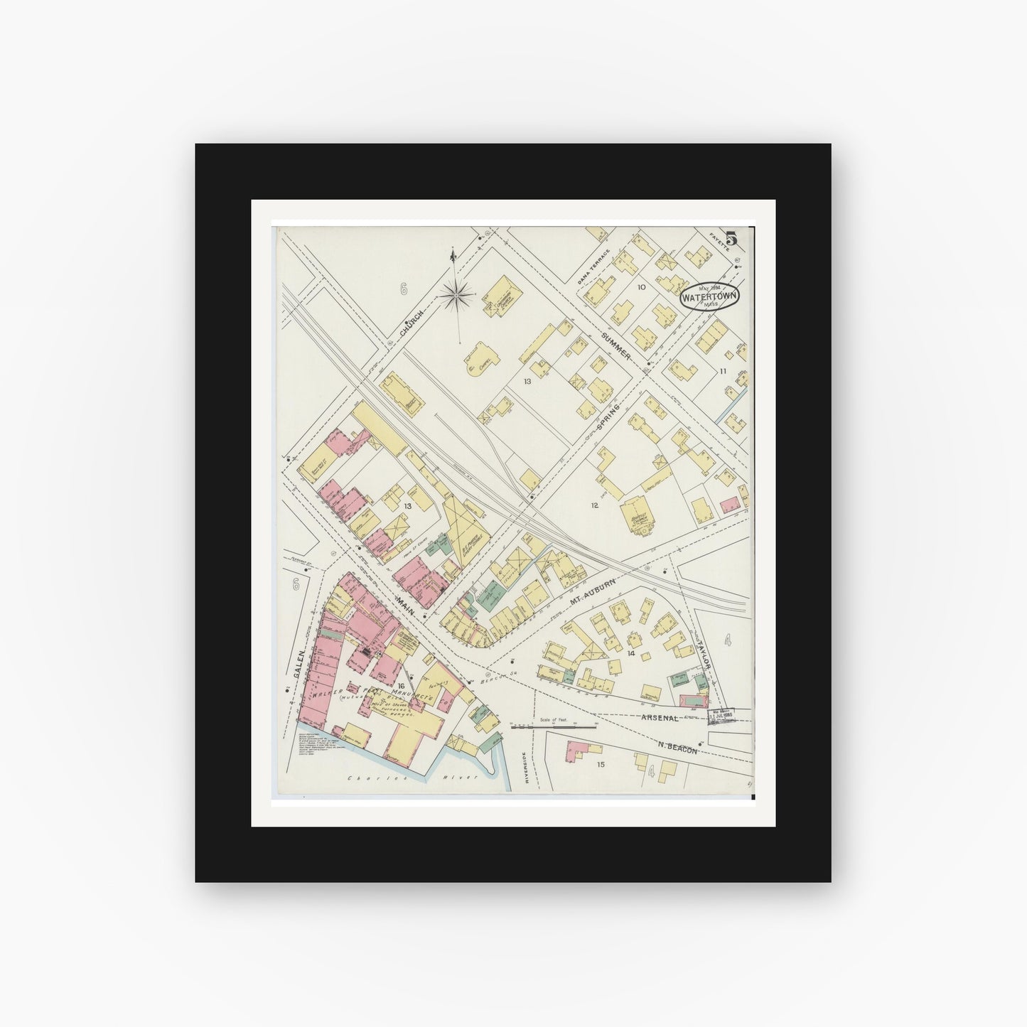 Old map wall art mockup — black gallery frame with white mat — Sanborn Fire Insurance Map from Watertown, Middlesex County, Massachusetts (1894), Sheet #0005