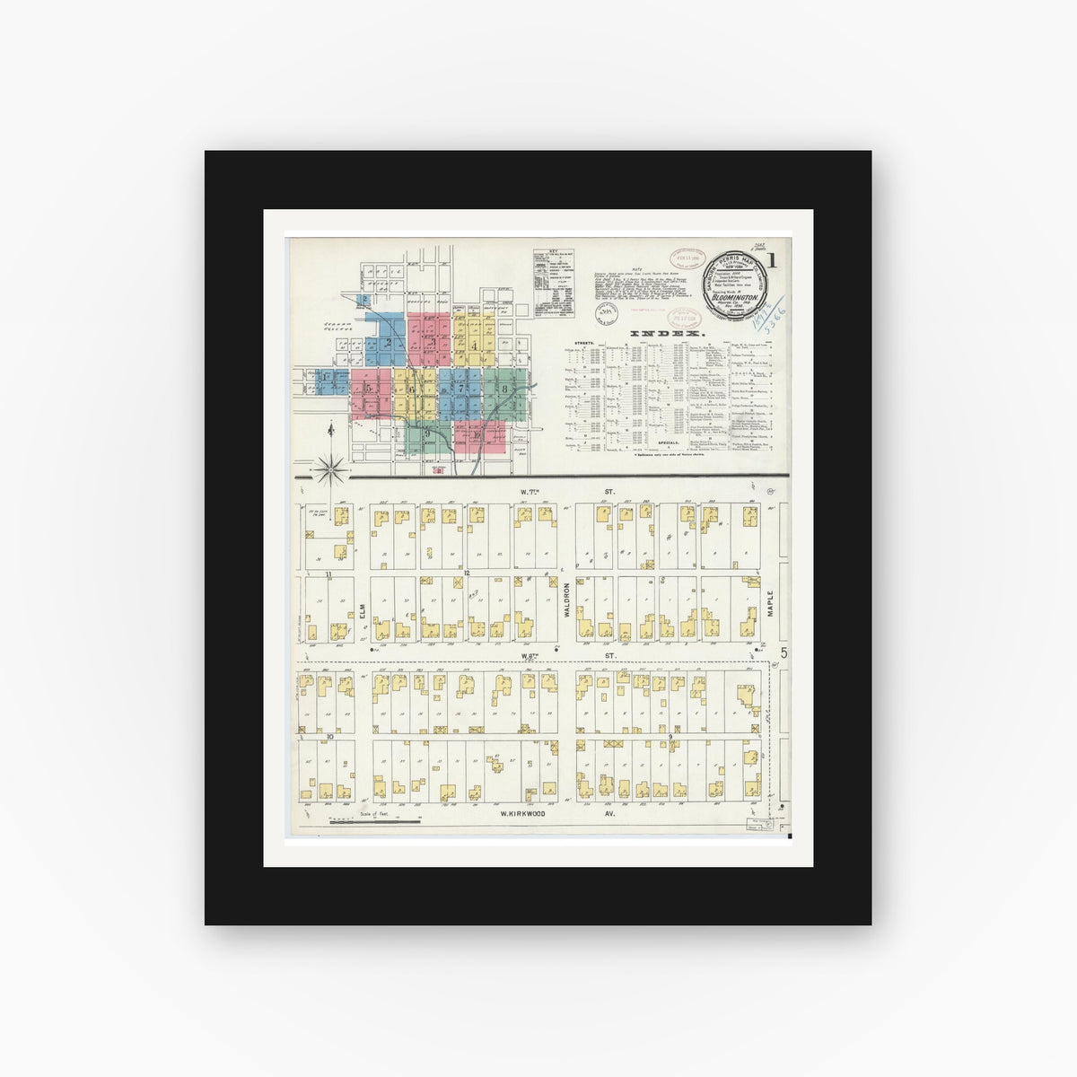 Old map wall art mockup — black gallery frame with white mat — Sanborn Fire Insurance Map from Bloomington, Monroe County, Indiana (1898) - Complete Map Set