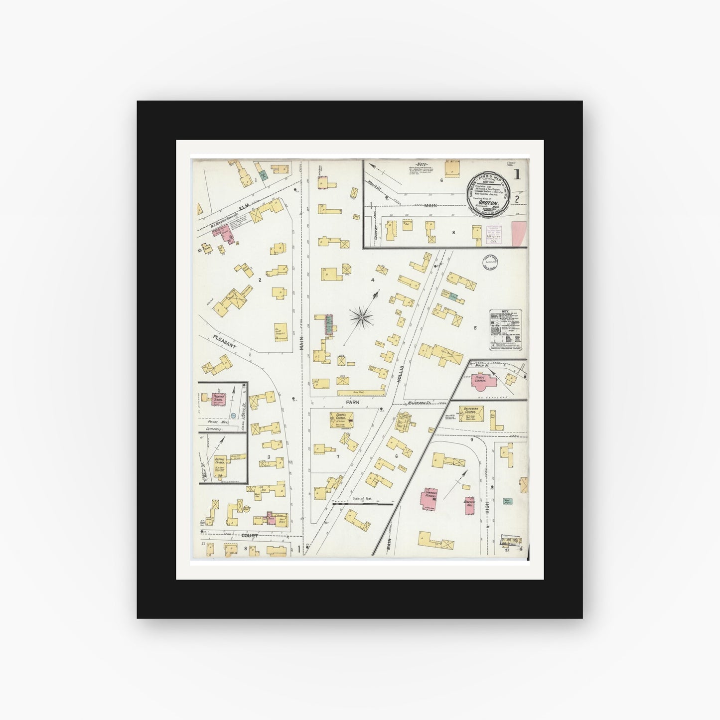 Old map wall art mockup — black gallery frame with white mat — Sanborn Fire Insurance Map from Groton, Middlesex County, Massachusetts (1901), Sheet #0001