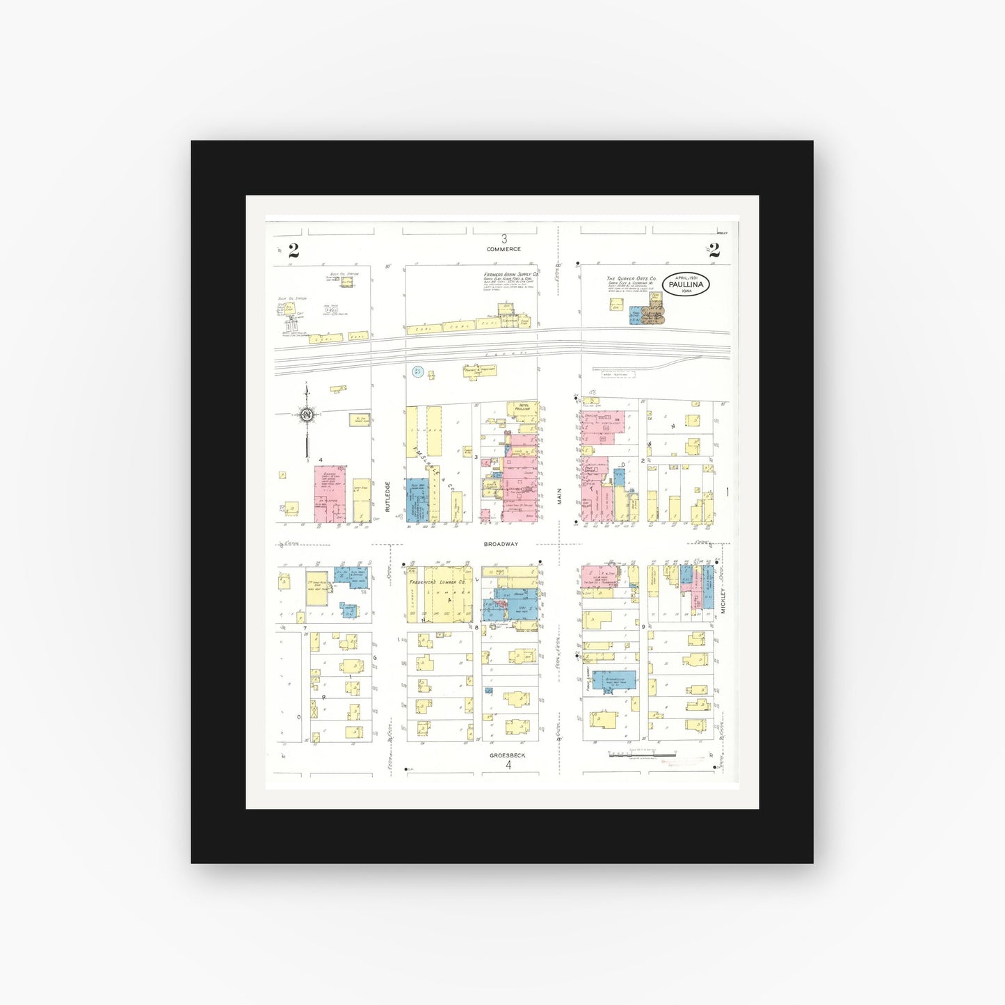Old map wall art mockup β black gallery frame with white mat β Sanborn Fire Insurance Map from Paullina, O'Brien County, Iowa (1931), Sheet #0002
